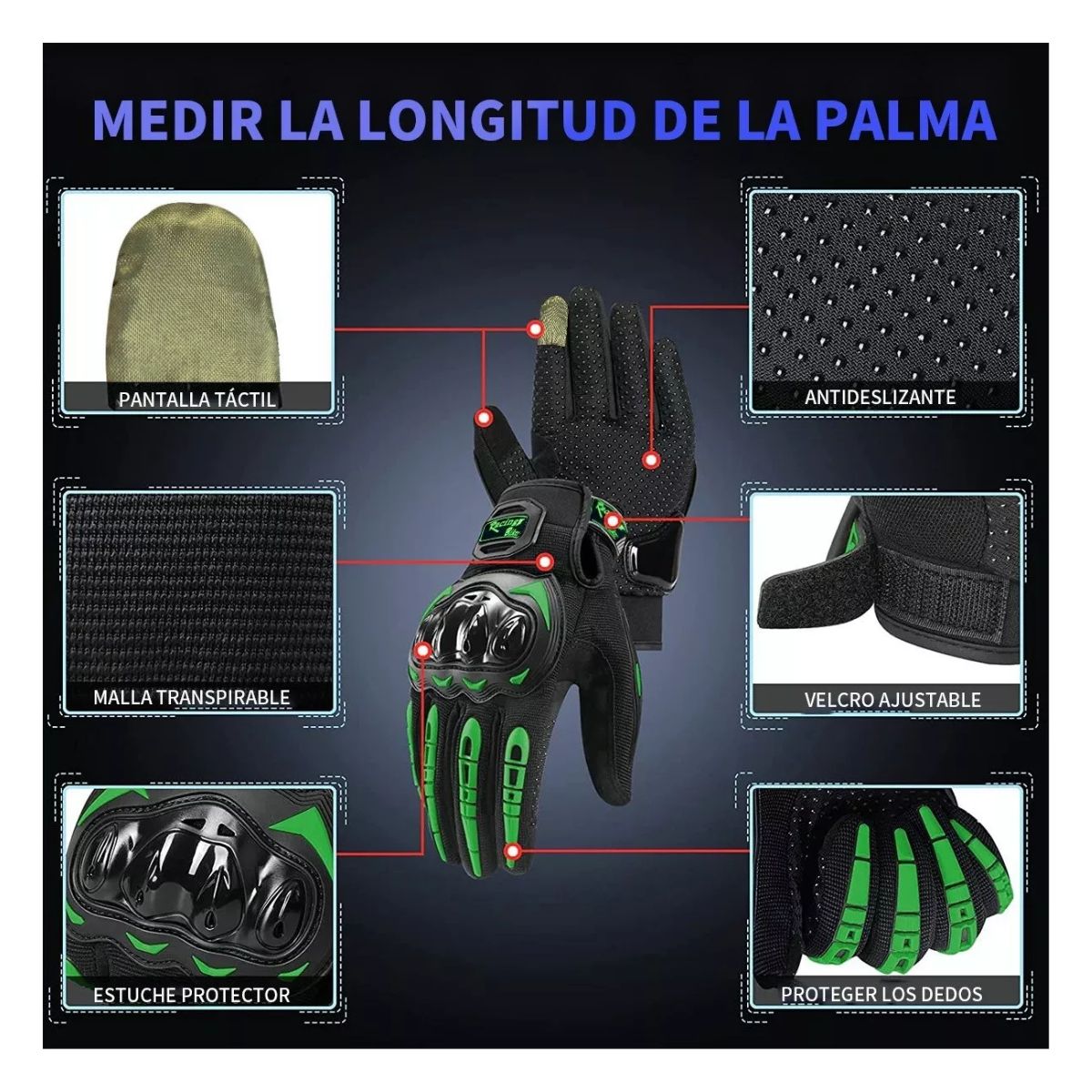 Guantes Protección Para Moto Pantalla Táctil Antideslizante Negro/Verde  talla L