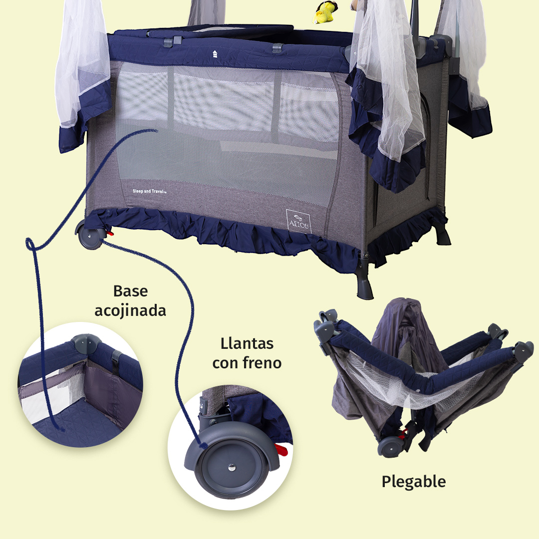 Cuna Corral Aeiou Argentina Toldo Mosquitero Movil Musical Blue/Grey