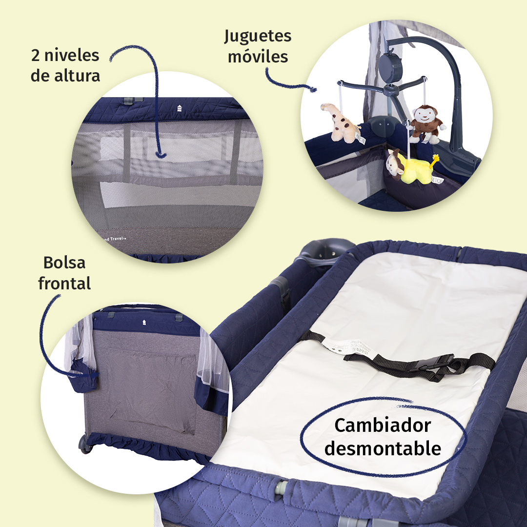 Cuna Corral Aeiou Argentina Toldo Mosquitero Movil Musical Blue/Grey