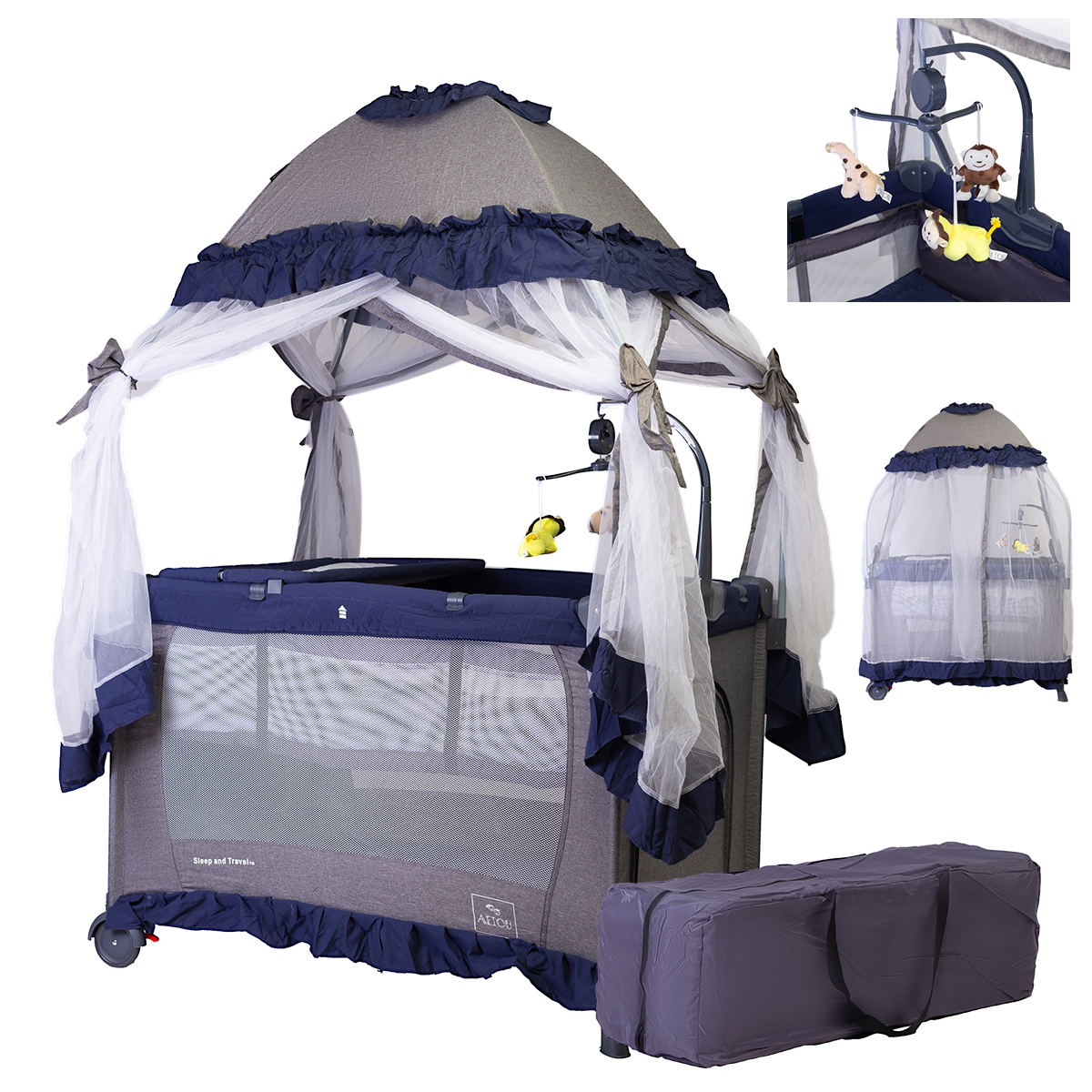 Cuna Corral Aeiou Argentina Toldo Mosquitero Movil Musical Blue/Grey