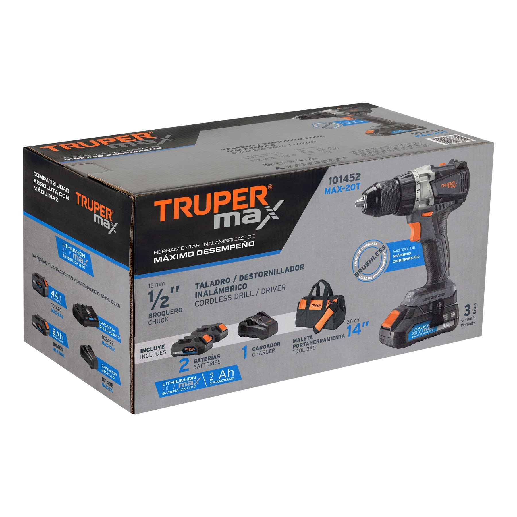 TALADRO INALÁMBRICO 1/2", 20V, SIN CARBONES, TRUPER MAX 101452