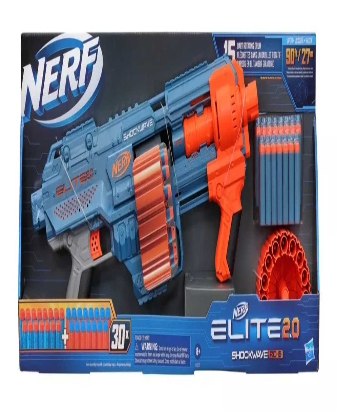 Lanzador Nerf Elite 2.0 Shockwave RD-15 - 30 dardos Nerf, tambor giratorio  de 15 dardos, modo ráfaga - personalización - Nerf