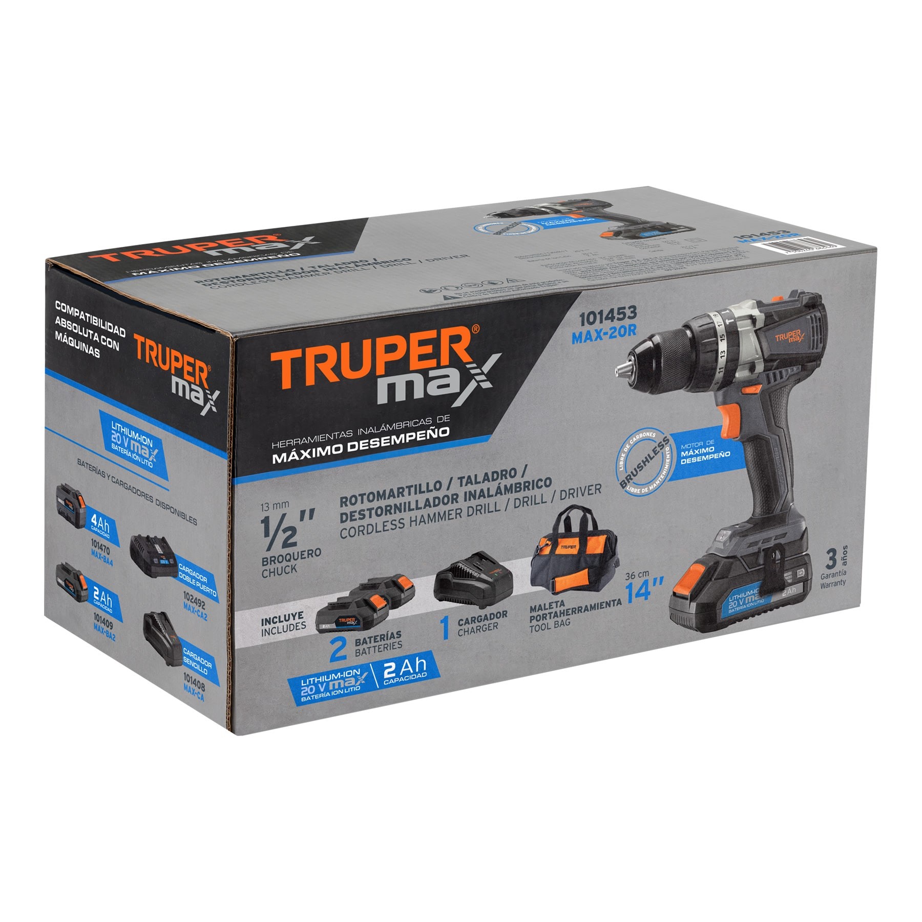 ROTOMARTILLO INALÁMBRICO 1/2", 20V, SIN CARBONES, TRUPER MAX 101453