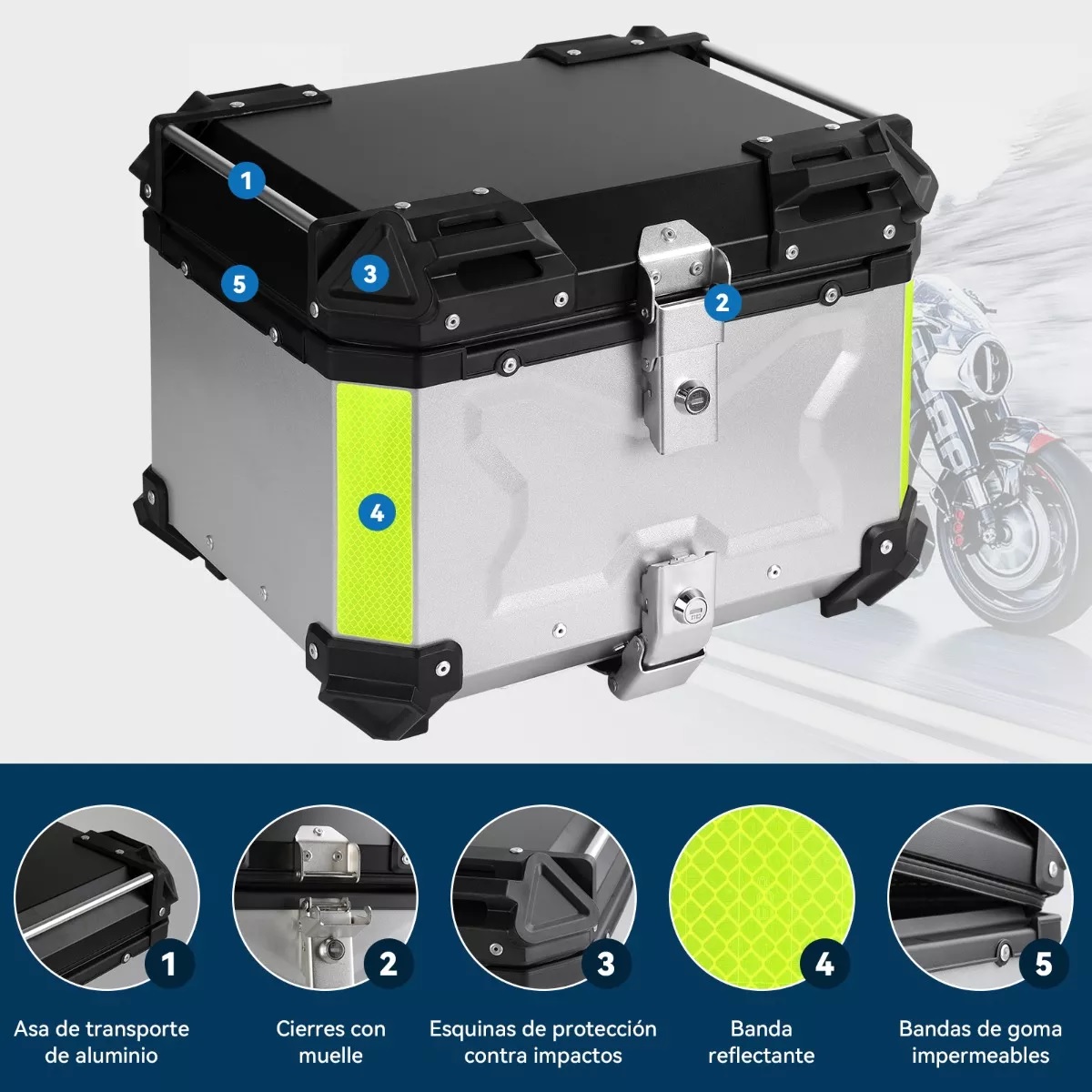 Maletero Para Moto Aluminio 45l Caja Para Moto Impermeable Plata