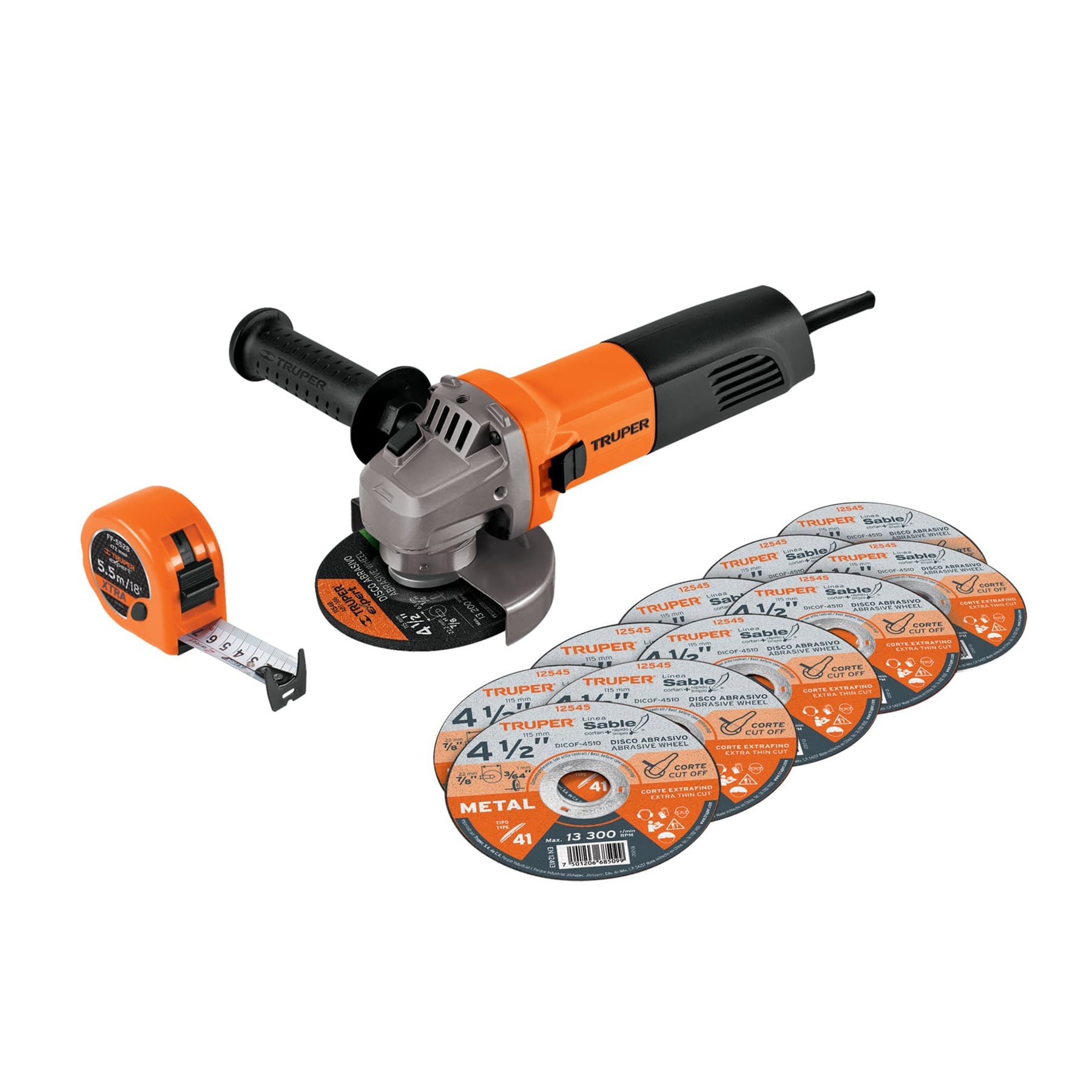 ESMERILADORA 4-1/2" 750 W, 10 DISCOS Y FLEXÓMETRO, TRUPER 101526