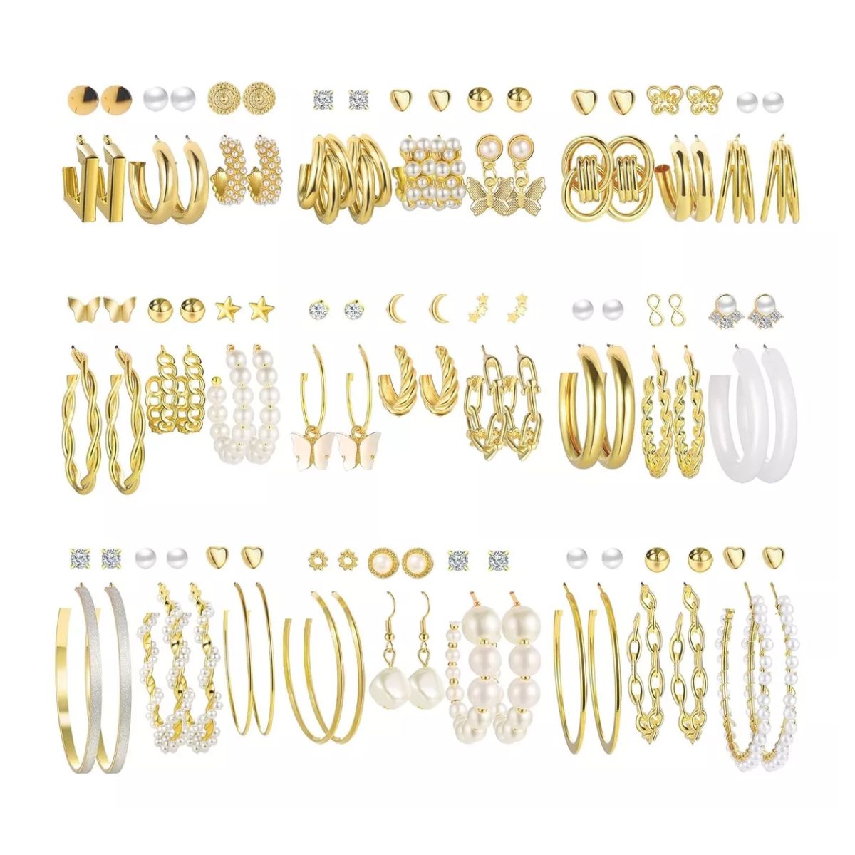 Pares Aretes Mujer Oro Pendientes Joyeria Largo Broquel, Color Dorado y Blanco