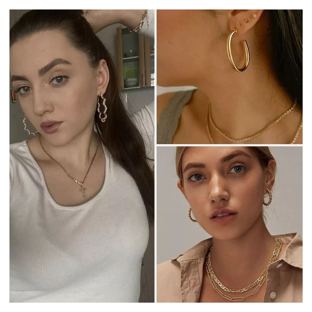 Pares Aretes Mujer Oro Pendientes Joyeria Largo Broquel, Color Dorado y Blanco