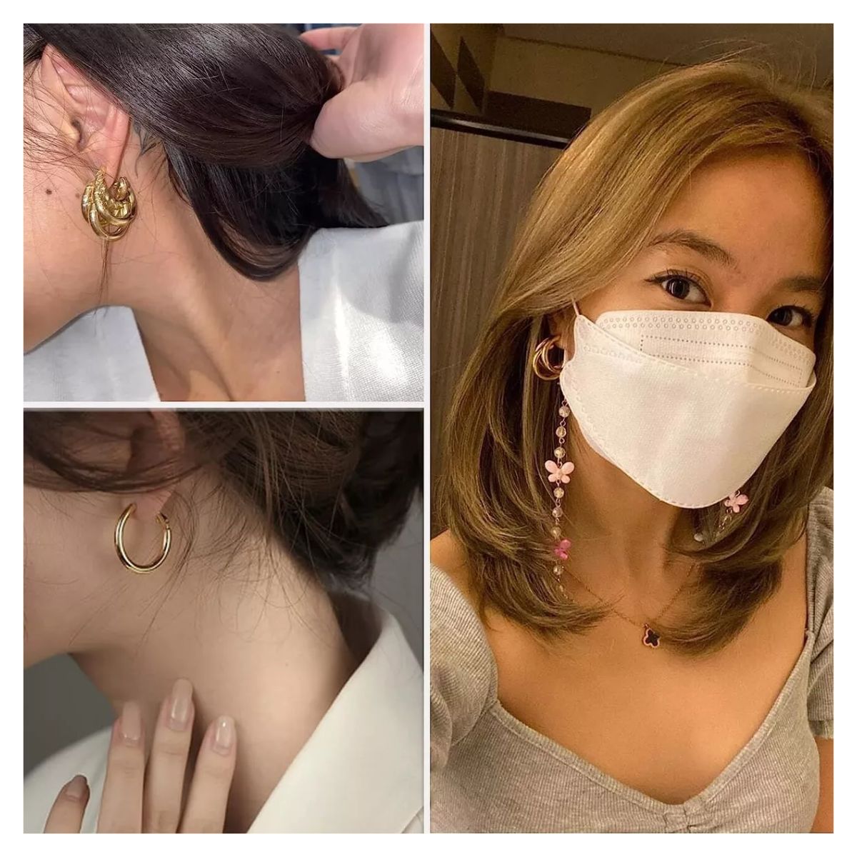 Pares Aretes Mujer Oro Pendientes Joyeria Largo Broquel, Color Dorado y Blanco