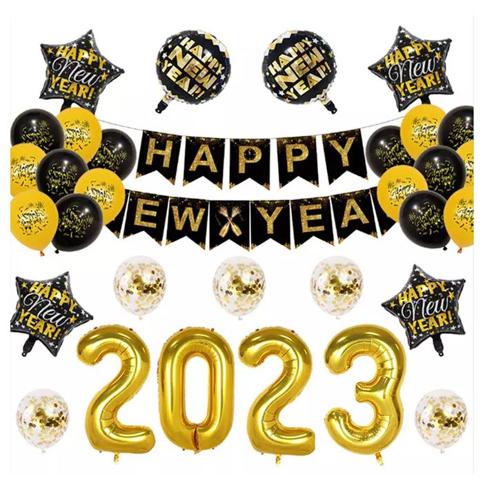 Globos Dorados de Feliz Año Nuevo MXMYR-002-2 2 Paquetes de Kit de Año Nuevo PapelLátex NegroDorado, OrnamYear