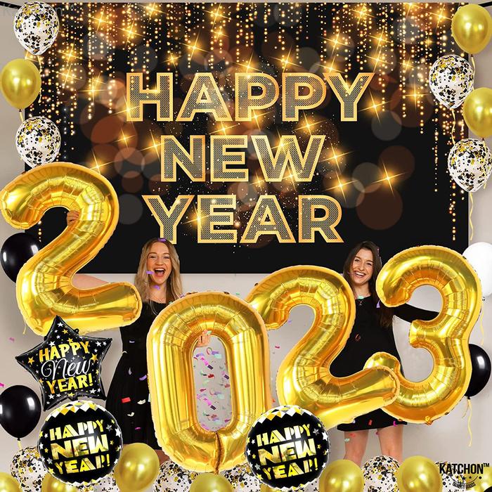 Globos Dorados de Feliz Año Nuevo MXMYR-002-2 2 Paquetes de Kit de Año Nuevo PapelLátex NegroDorado, OrnamYear