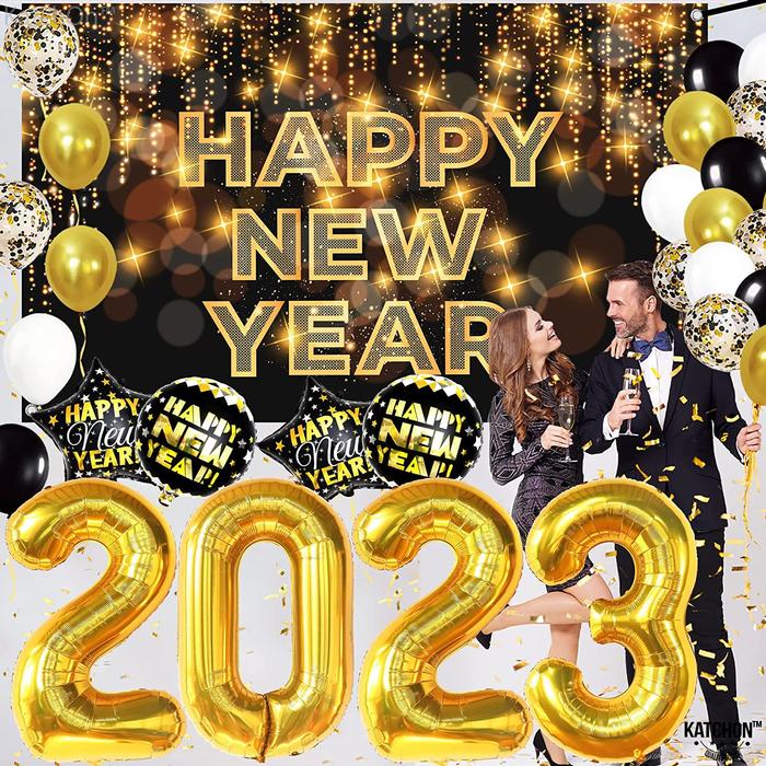 Globos Dorados de Feliz Año Nuevo MXMYR-002-2 2 Paquetes de Kit de Año Nuevo PapelLátex NegroDorado, OrnamYear