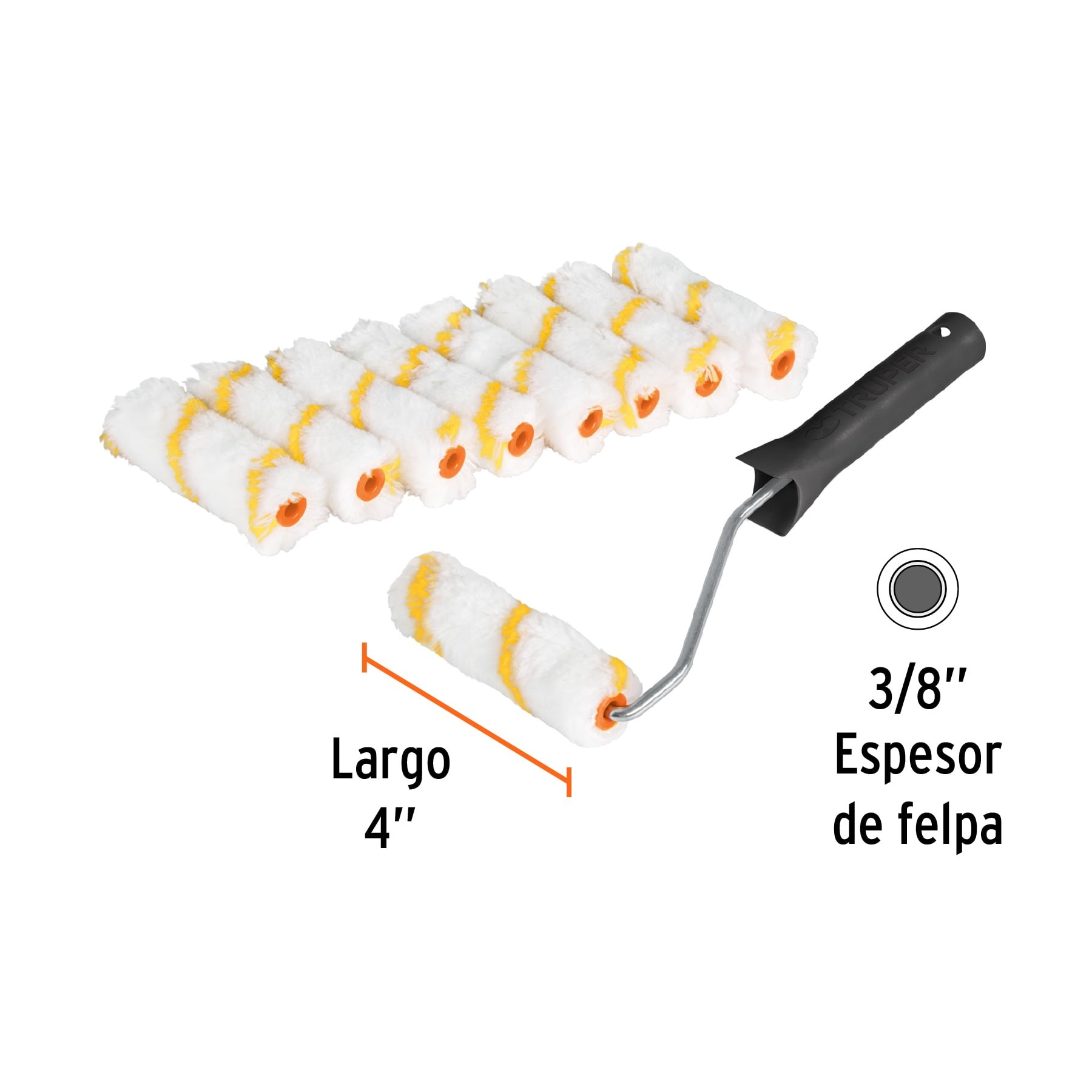 KIT DE MANERAL Y 9 MINI RODILLOS DE 4" DE POLIÉSTER, TRUPER 12132