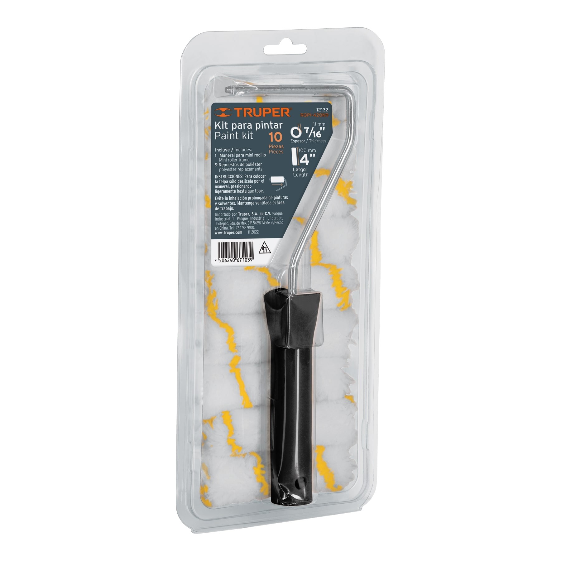 KIT DE MANERAL Y 9 MINI RODILLOS DE 4" DE POLIÉSTER, TRUPER 12132