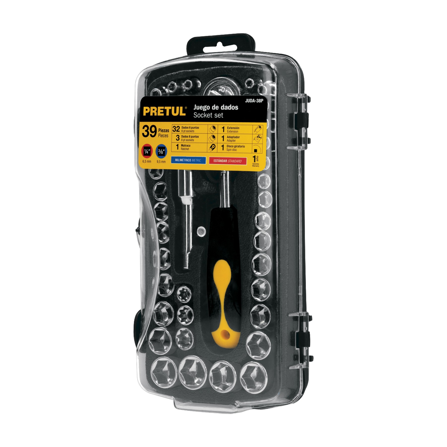 JUEGO DE 39 HERRAMIENTAS 1/4" Y 3/8" PARA MECÁNICO, PRETUL 23969