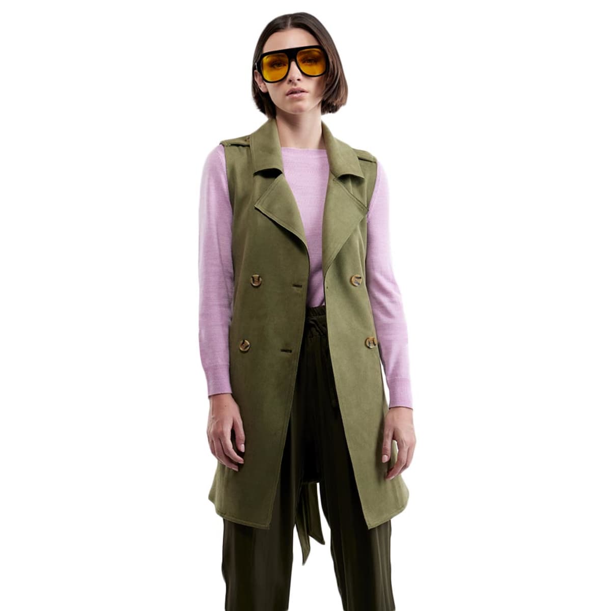 Chaleco suede largo de mujer con cinto, color verde olivo, marca Holly Land, mod. 1094843