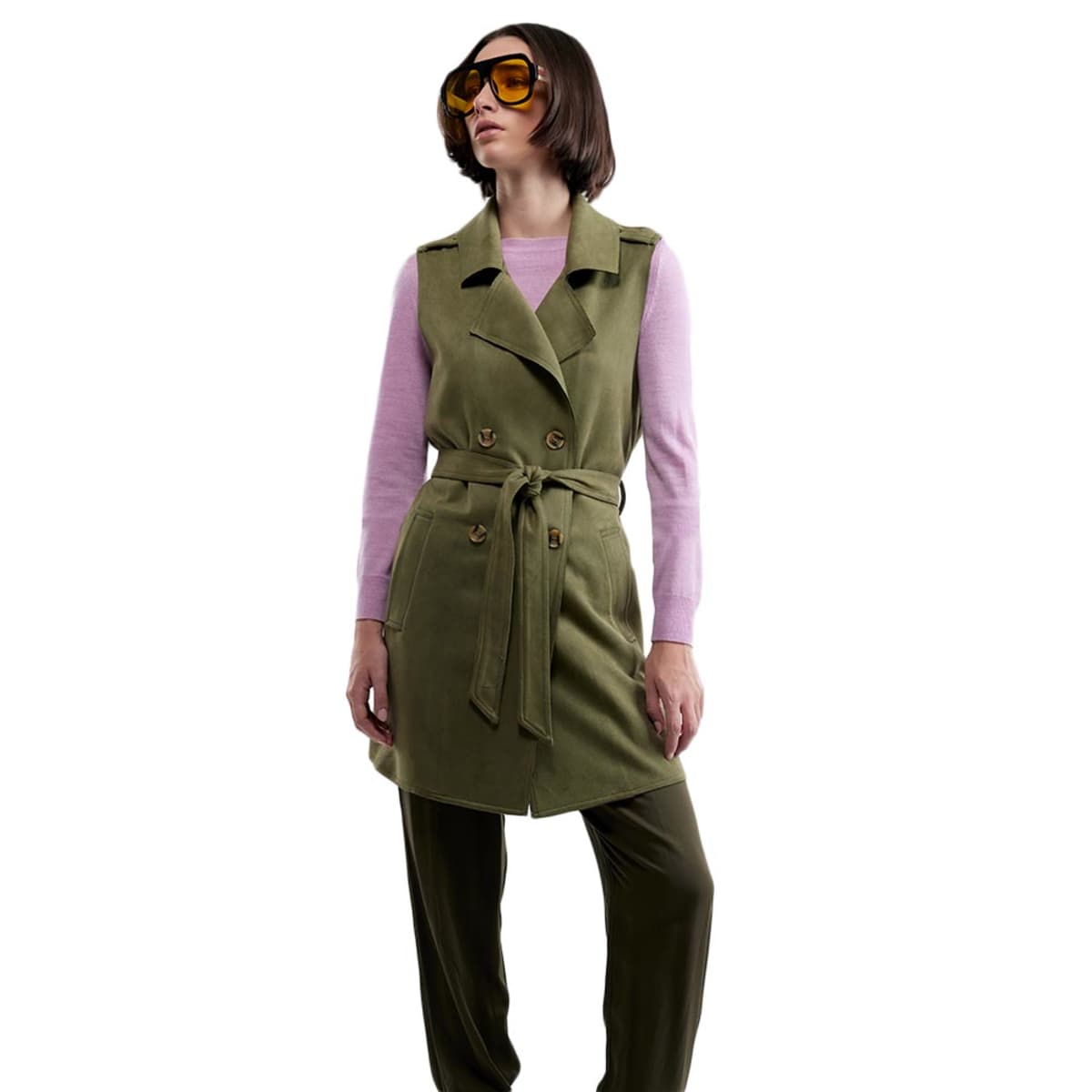 Chaleco suede largo de mujer con cinto, color verde olivo, marca Holly Land, mod. 1094843