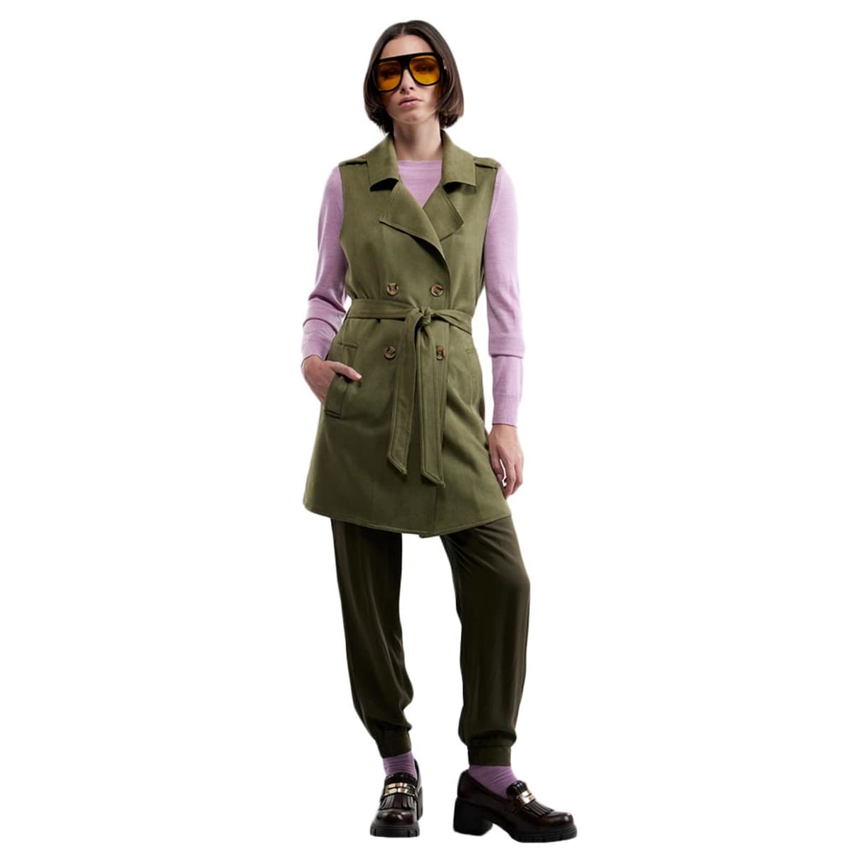 Chaleco suede largo de mujer con cinto, color verde olivo, marca Holly Land, mod. 1094843