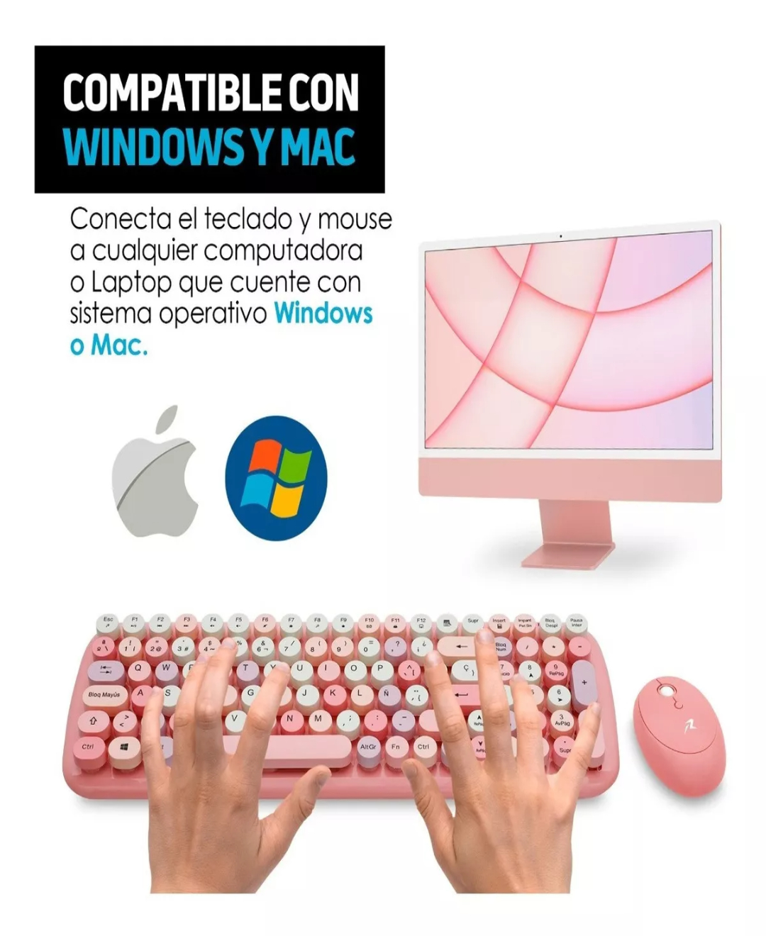 Kit Teclado Y Mouse Inalambrico Retro Vintage Usb Redlemon Color del teclado Rosa