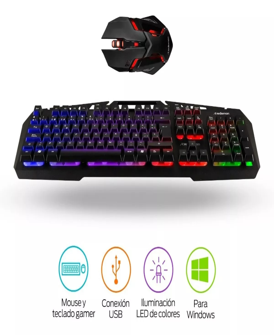 Kit Mouse Y Teclado Gamer Luz Led Español Windows Redlemon Color del teclado Negro