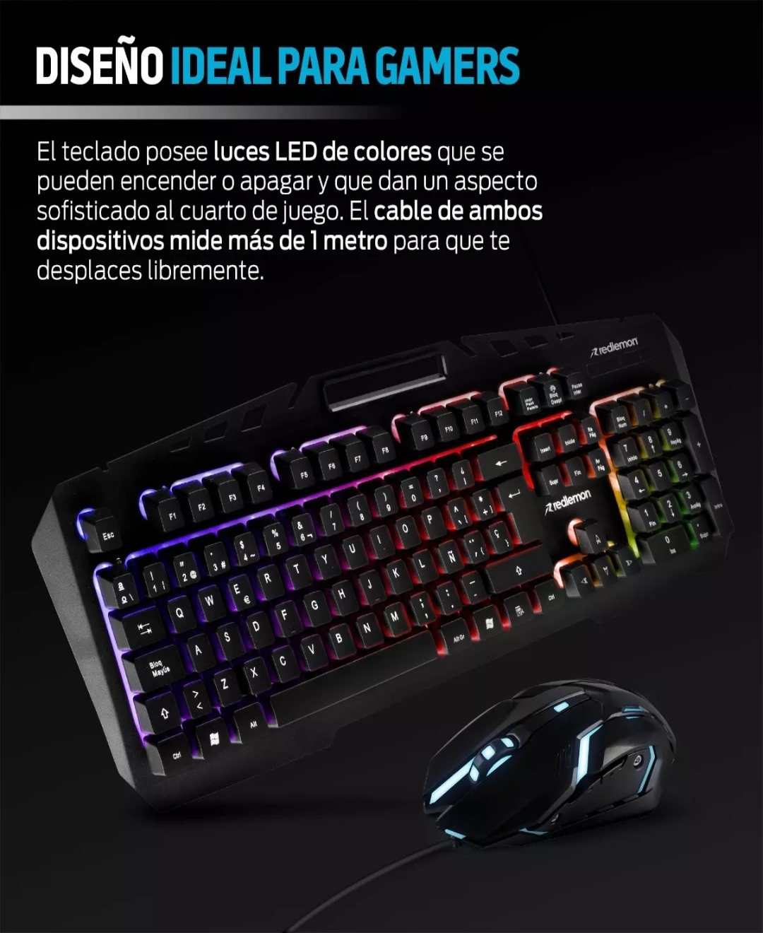 Kit Mouse Y Teclado Gamer Luz Led Español Windows Redlemon Color del teclado Negro