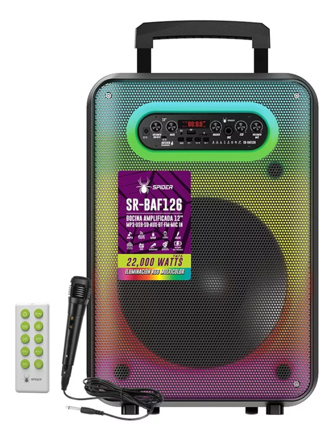 BOCINA AMPLIFICADA 12" DE 20,000WATTS CON BLUETOOTH Y LUCES LED