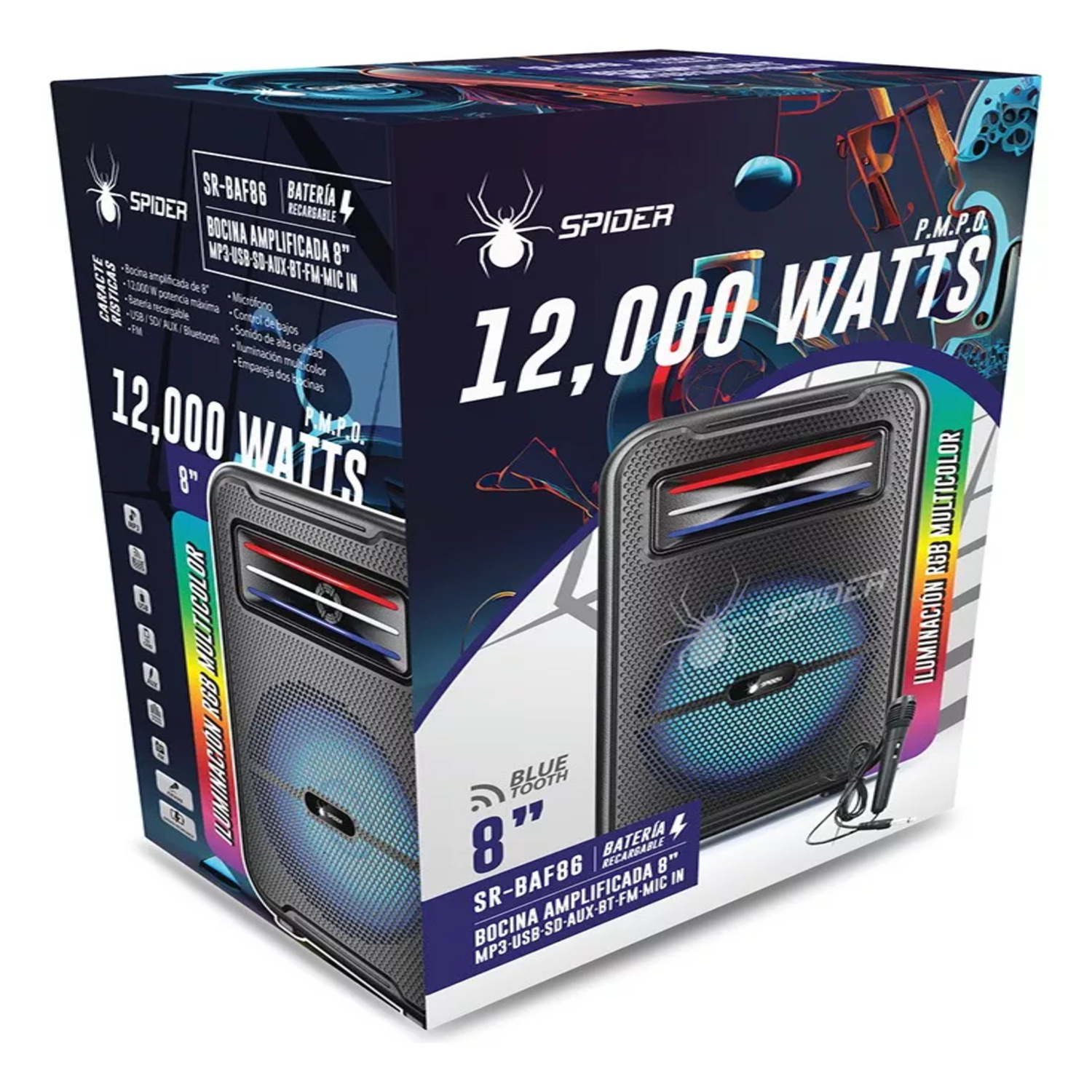 BOCINA AMPLIFICADA DE 8" DE 12,000 WATTS CON BLUETOOTH Y LUCES LED