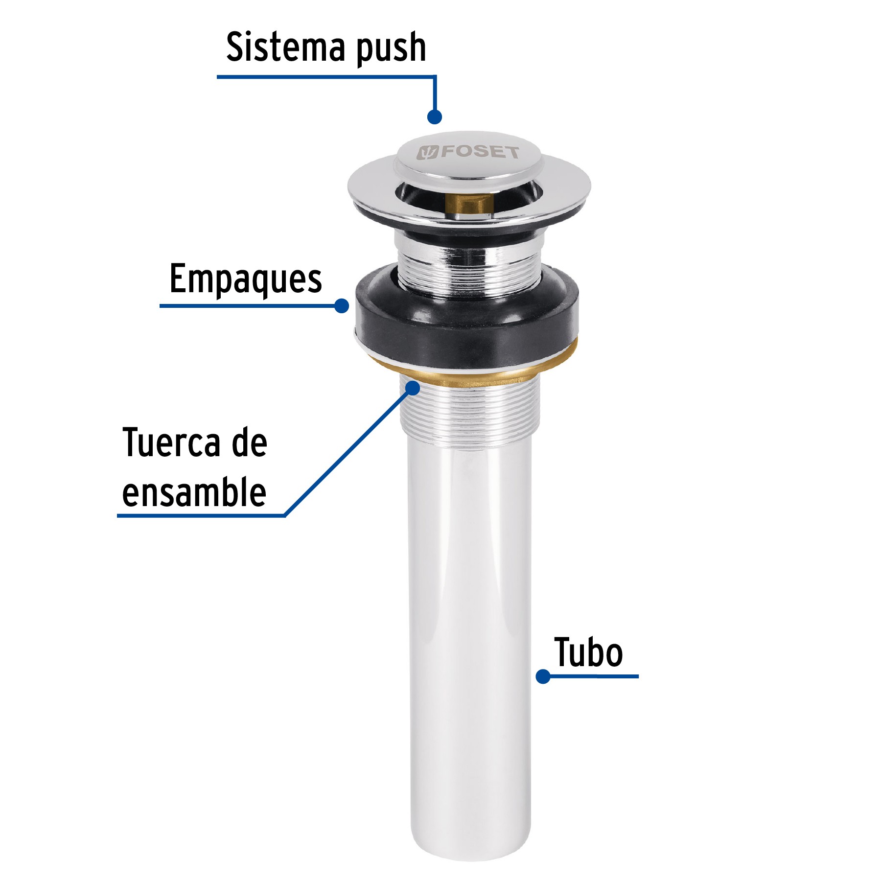 CONTRA P/LAVABO SIN REBOSADERO, SISTEMA PUSH, CROMO, 1-1/4" FOSET 47037