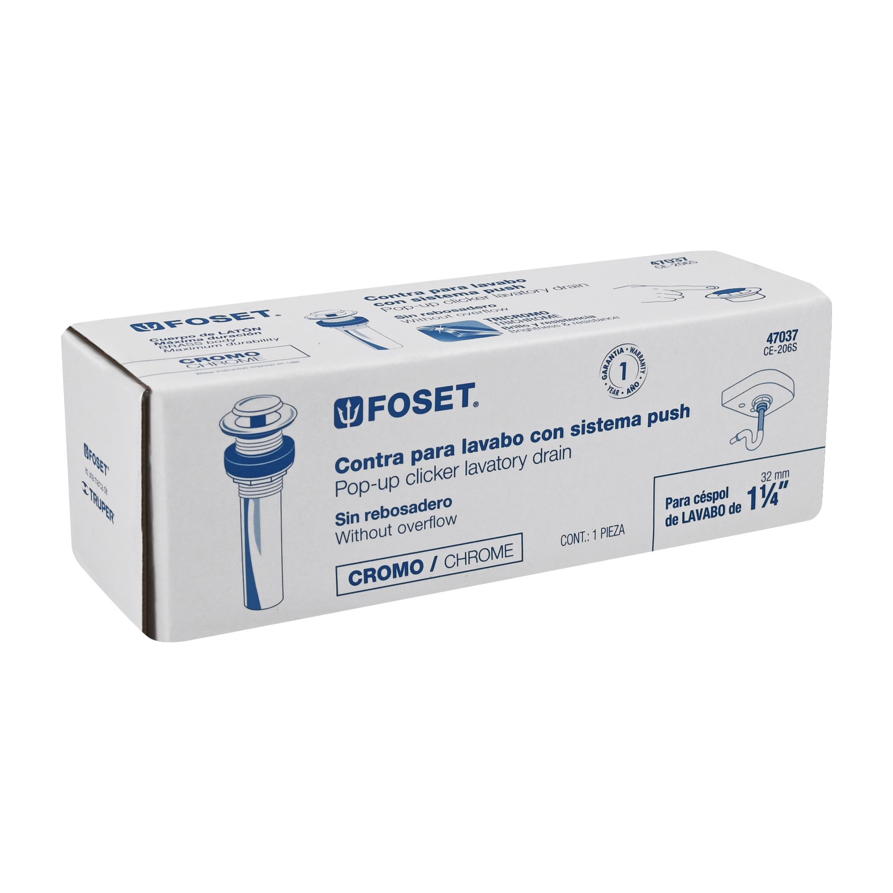 CONTRA P/LAVABO SIN REBOSADERO, SISTEMA PUSH, CROMO, 1-1/4" FOSET 47037