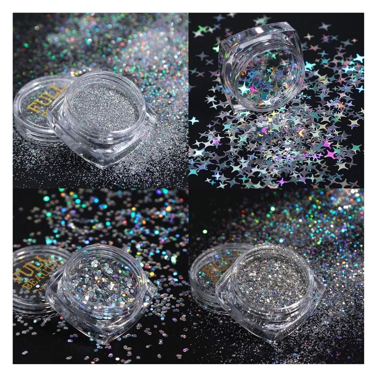 Purpurina Juego Lentejuelas De 4 Cajas Holográficas Uñas PLATA