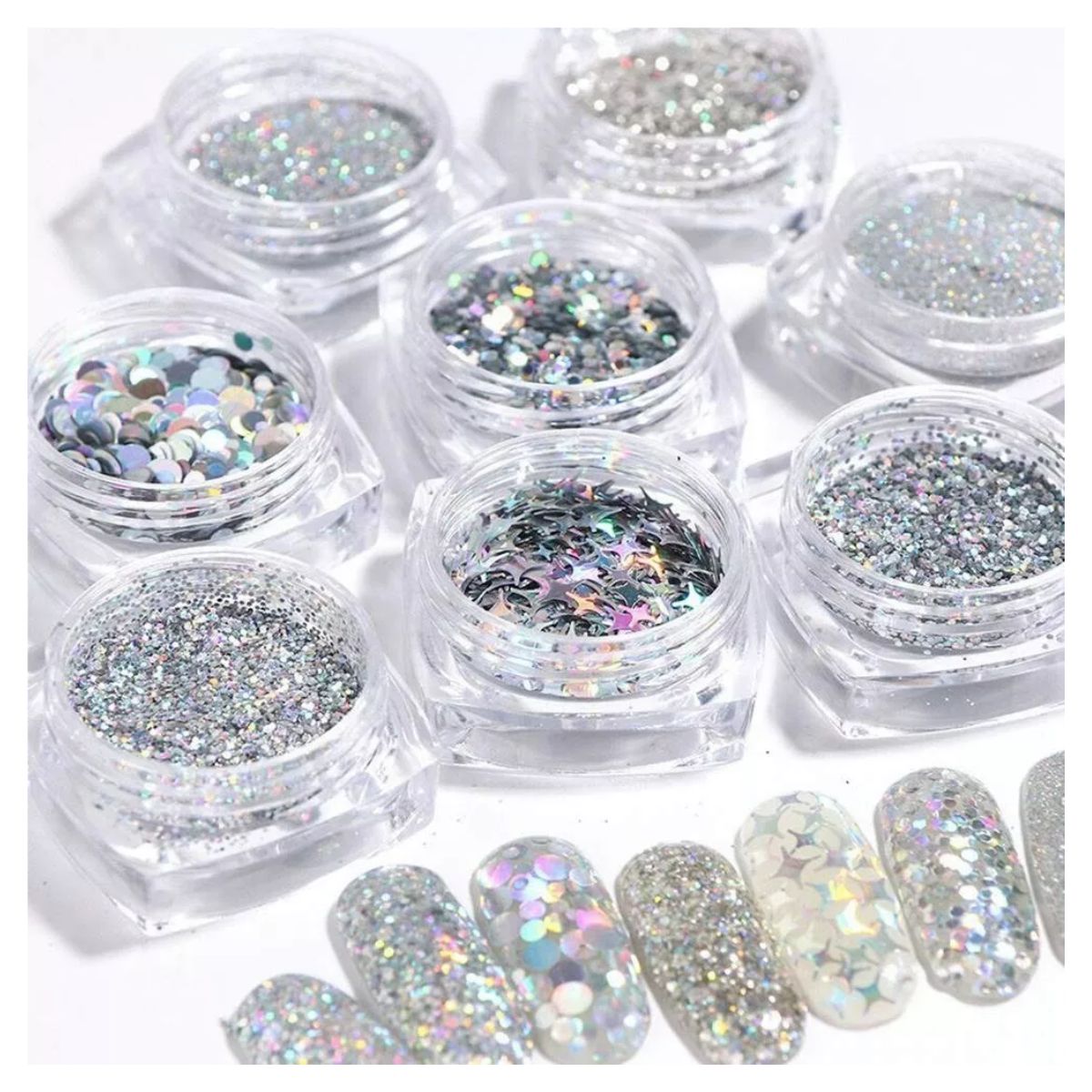Purpurina Juego Lentejuelas De 4 Cajas Holográficas Uñas PLATA