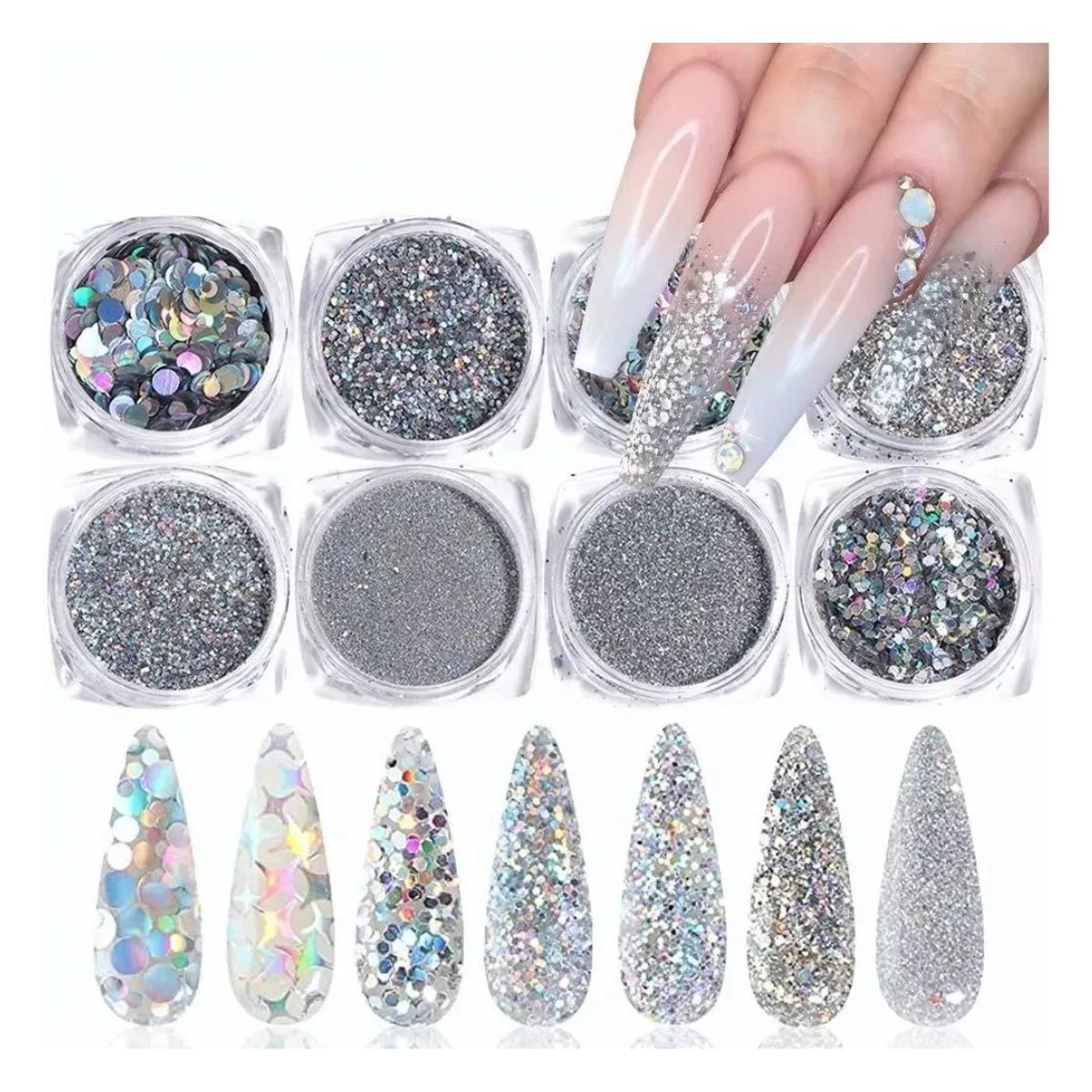 Purpurina Juego Lentejuelas De 4 Cajas Holográficas Uñas PLATA