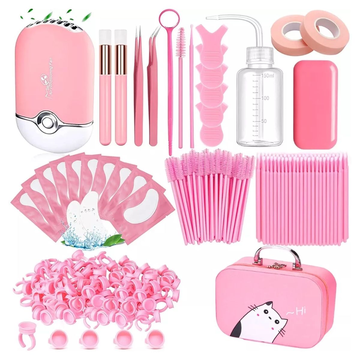 Kit Pestañas 1x1 Parches Microbrush Ventilador Cepillo ROSA