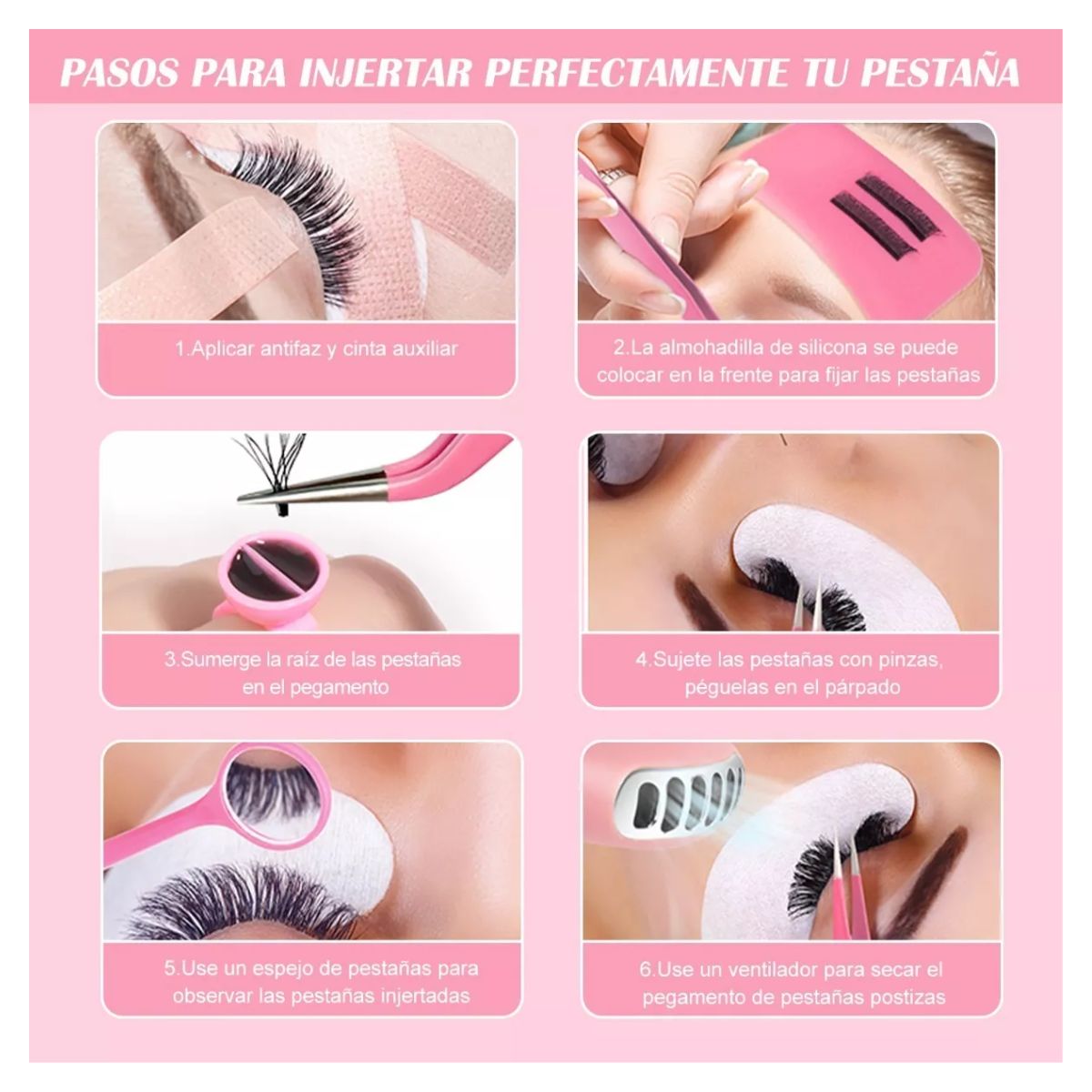 Kit Pestañas 1x1 Parches Microbrush Ventilador Cepillo ROSA