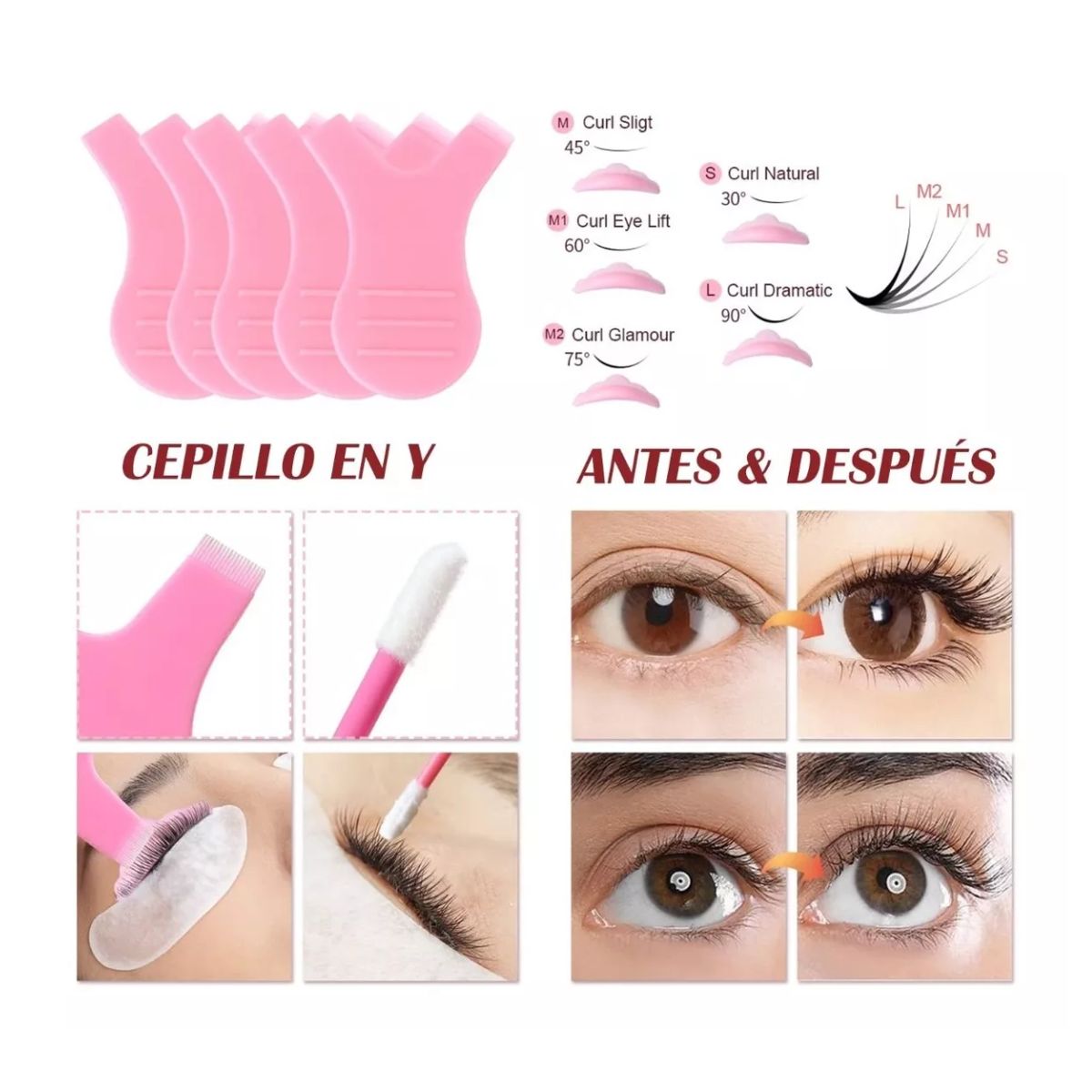 Kit Pestañas 1x1 Parches Microbrush Ventilador Cepillo ROSA