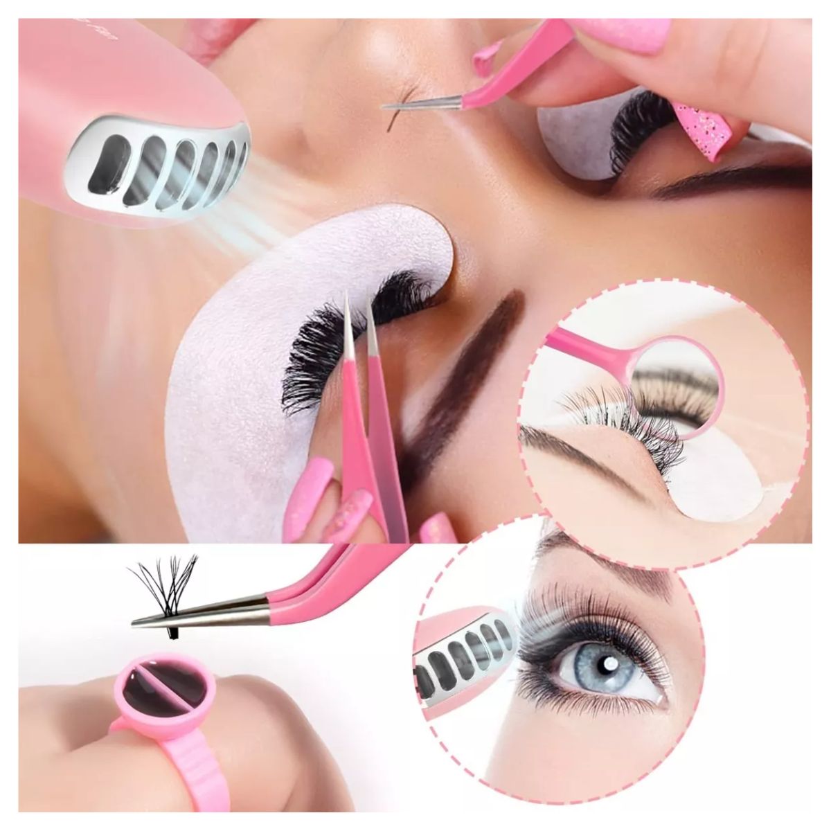 Kit Pestañas 1x1 Parches Microbrush Ventilador Cepillo ROSA