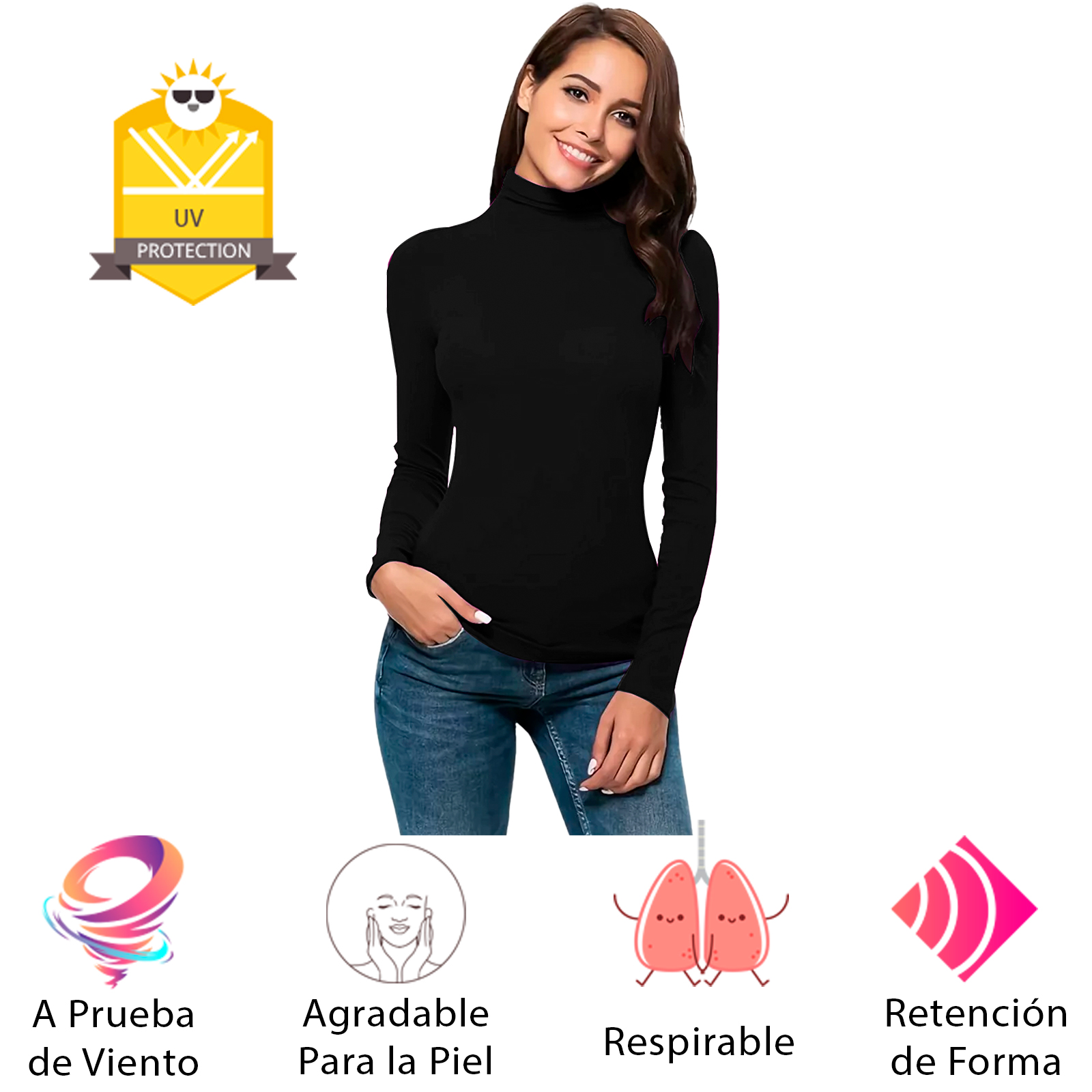 Blusa Termica  Mujer, Color Negro, Manga Larga, Unitalla, Cuello Alto, Playera, Casual, Basica, Camiseta, Uso Diario