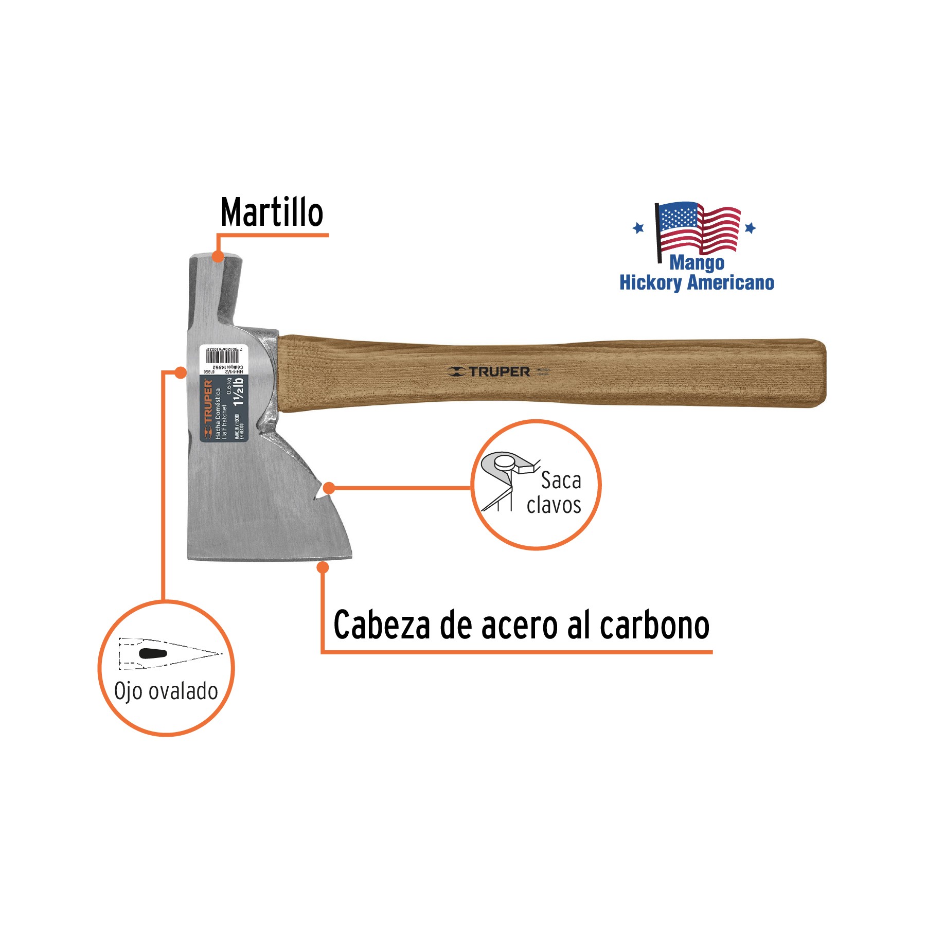 HACHA DOMÉSTICA 1-1/2 LB, MANGO HICKORY 14", TRUPER 14952