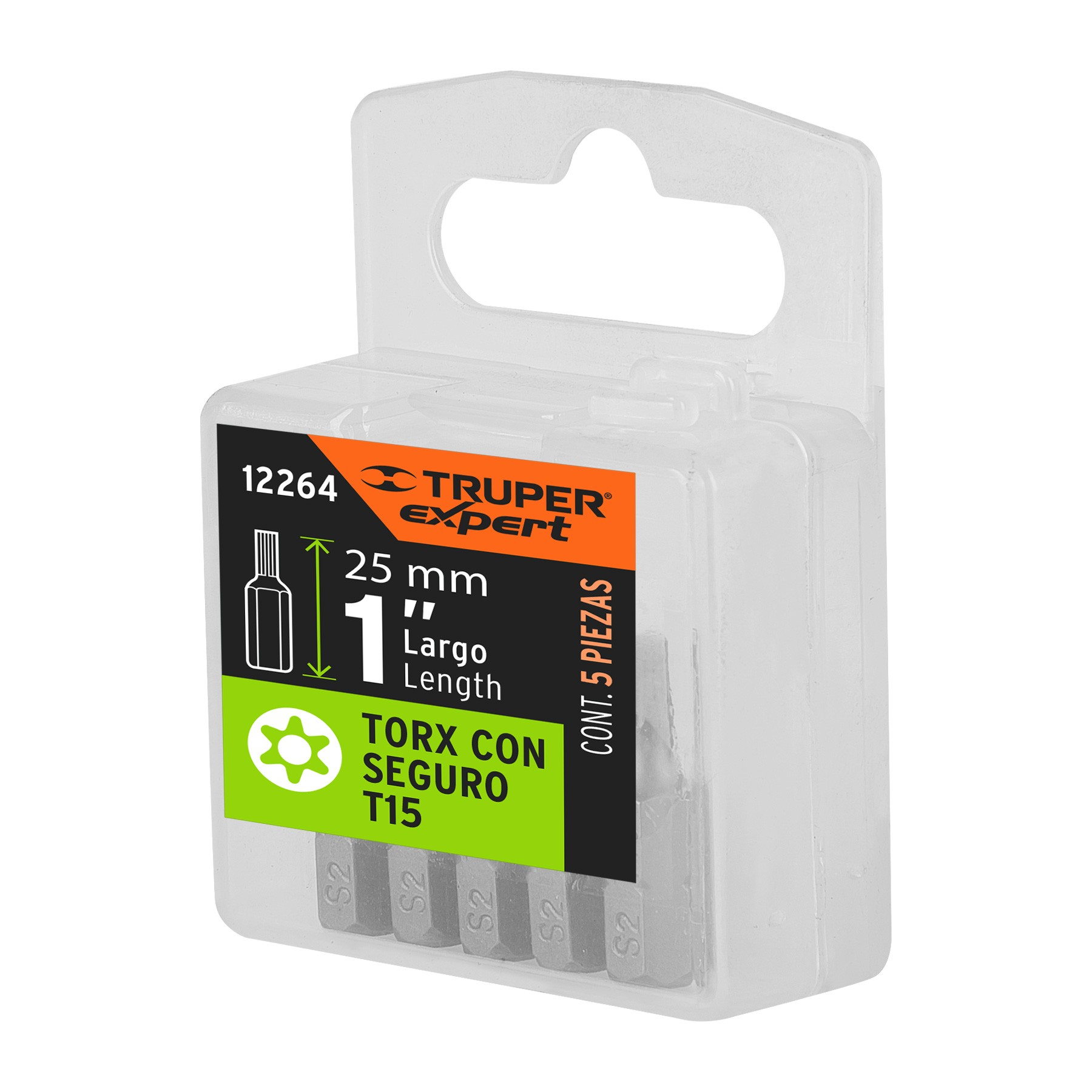 ESTUCHE CON 5 PUNTAS TORX T15 CON SEGURO LARGO 1", TRUPER EXPERT 12264