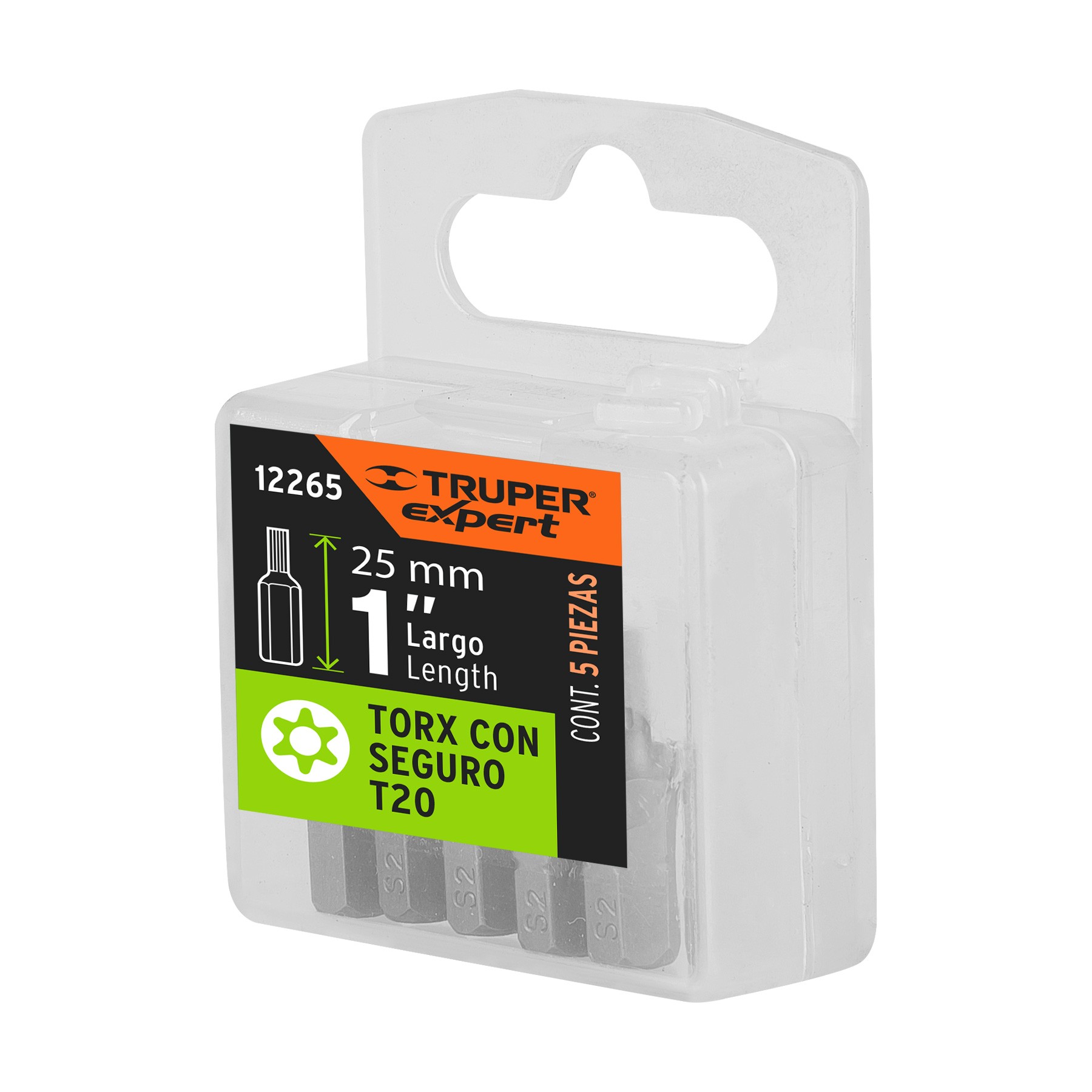ESTUCHE CON 5 PUNTAS TORX T20 CON SEGURO LARGO 1", TRUPER EXPERT 12265