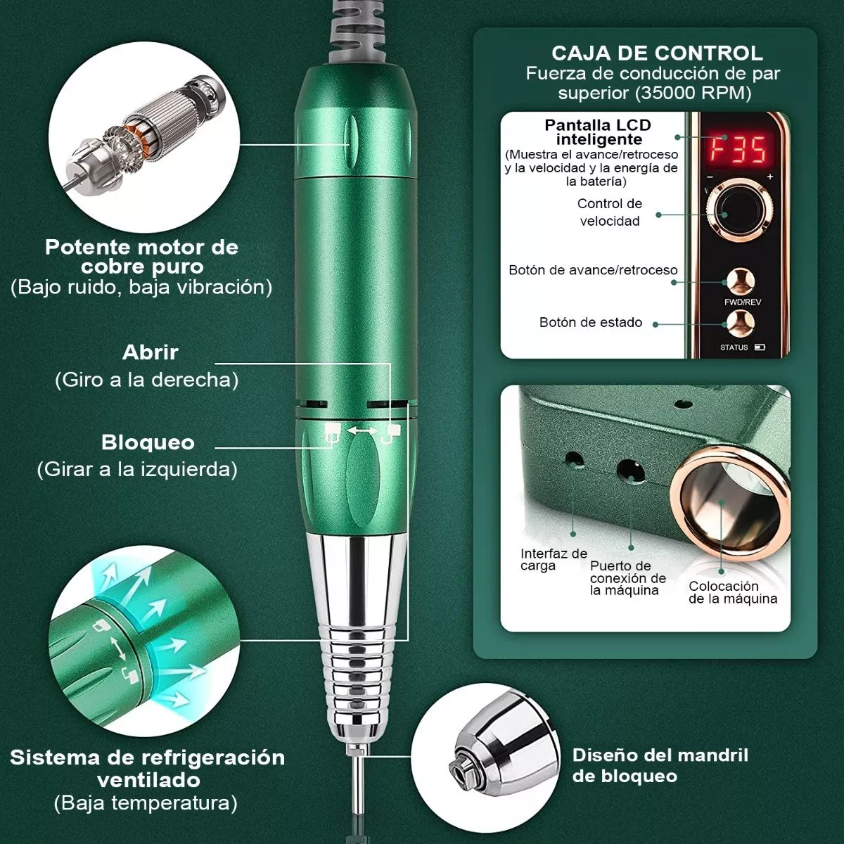 Kit Pulidor Esmeril Taladro Para Uñas Profesional 35000rpm