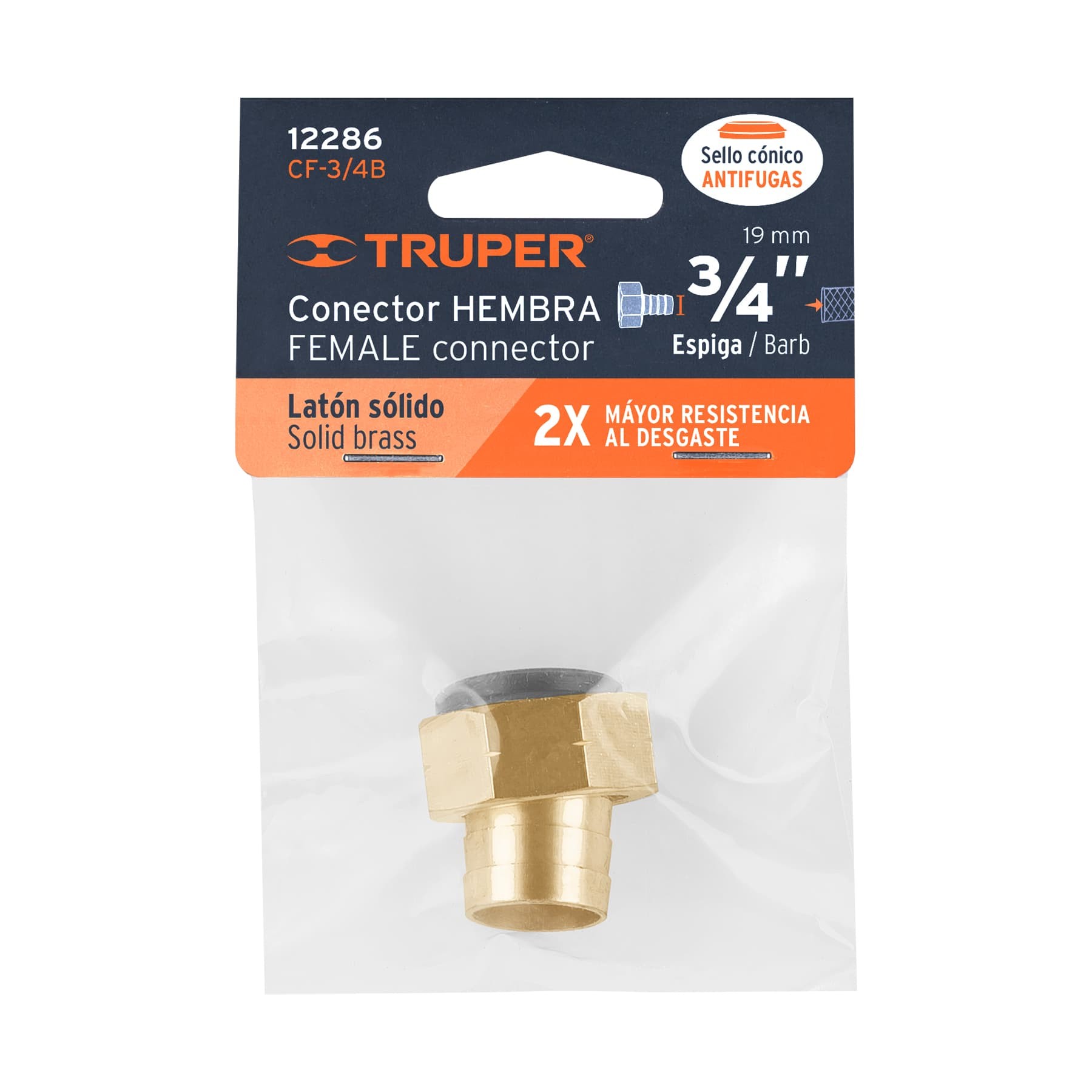 CONECTOR 3/4" HEMBRA DE LATÓN SÓLIDO PARA MANGUERA, TRUPER 12286