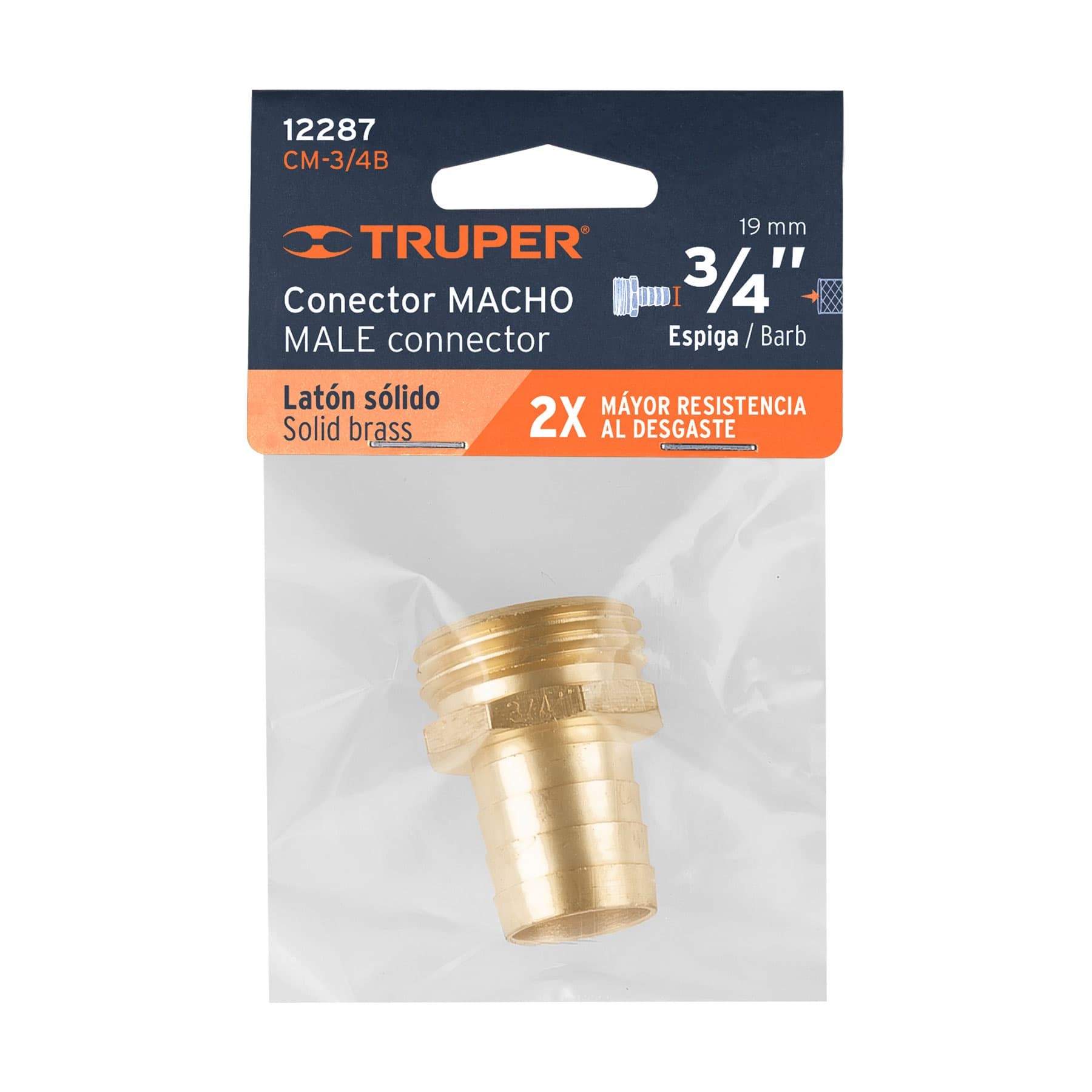 CONECTOR 3/4" MACHO DE LATÓN SÓLIDO PARA MANGUERA, TRUPER 12287