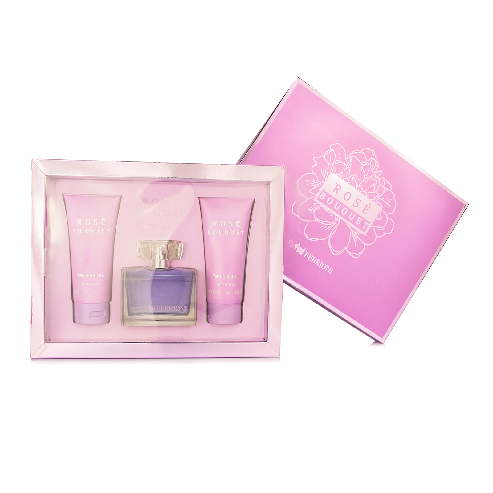 SET FERRIONI ROSE BOUQUETE EDT 100ML + SHAMPOO + CREMA