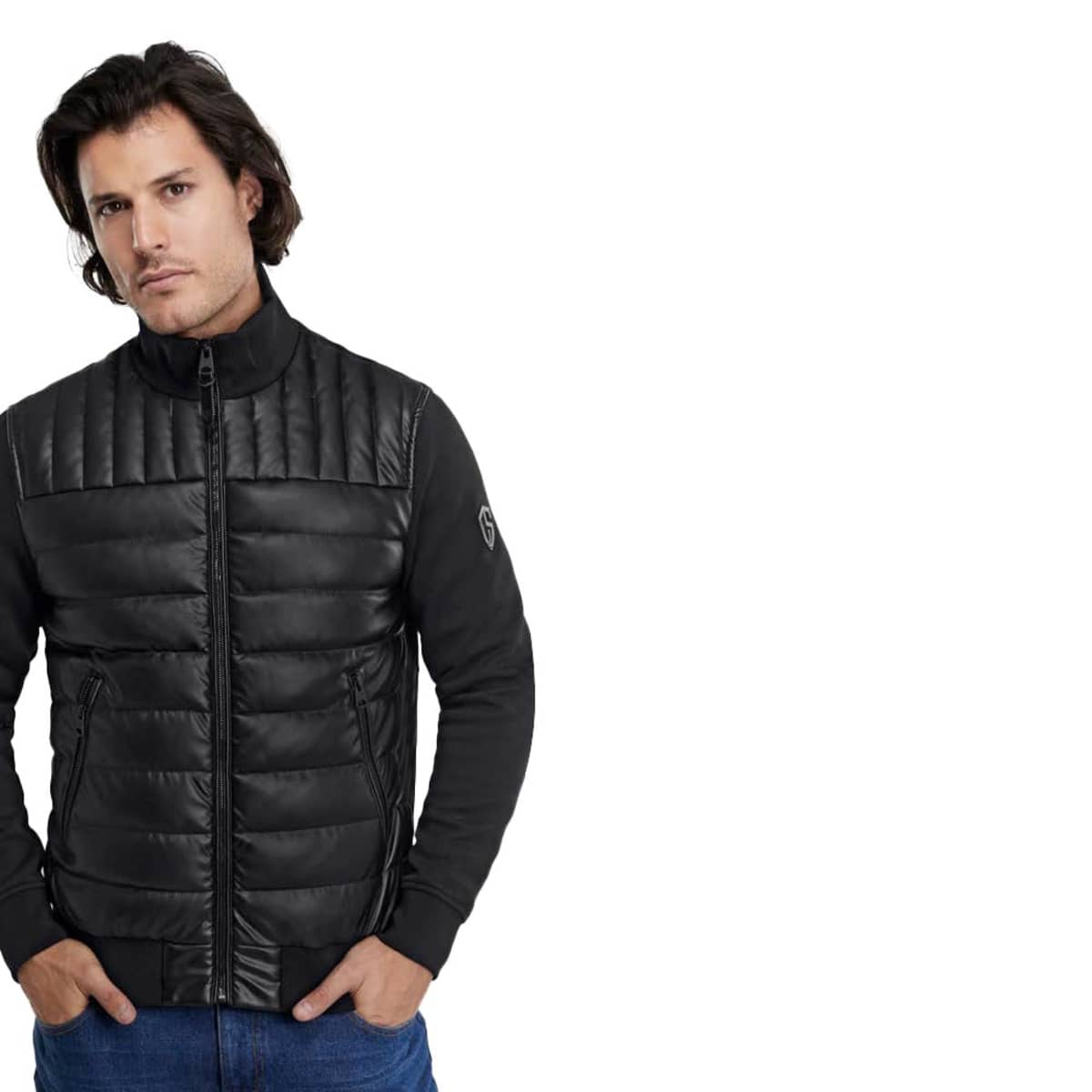 Chamarra negra capitonada con tacto de piel para hombre, marca D.E.E.P. Selection, mod. 1097319