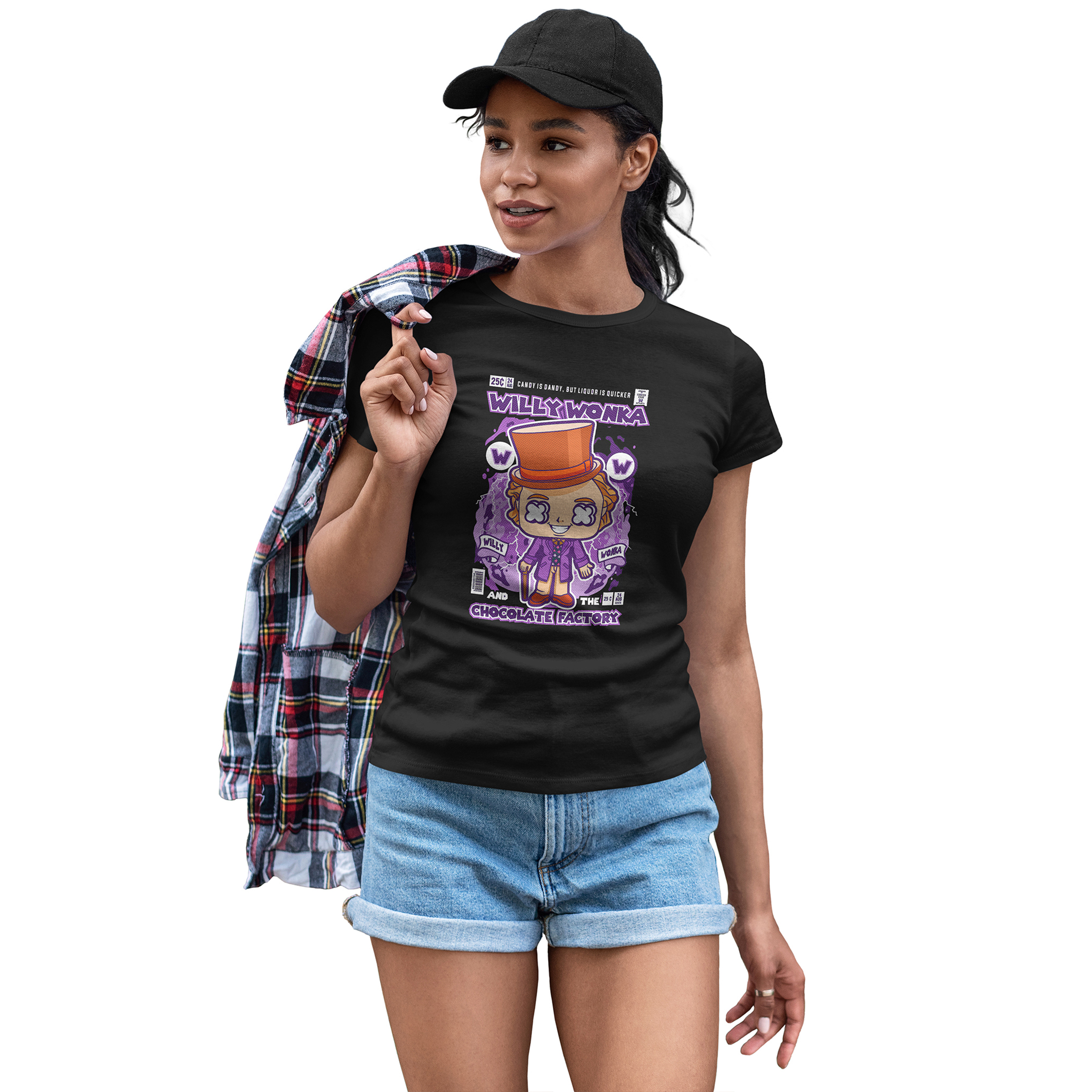 Playera Casual Negra para Dama Willy Wonka Fabrica Chocolate