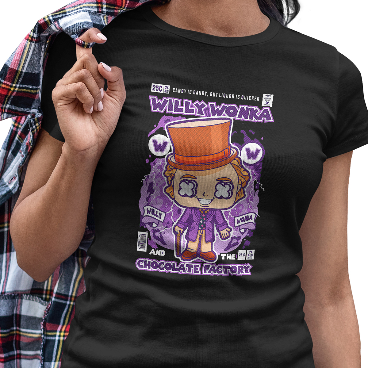 Playera Casual Negra para Dama Willy Wonka Fabrica Chocolate