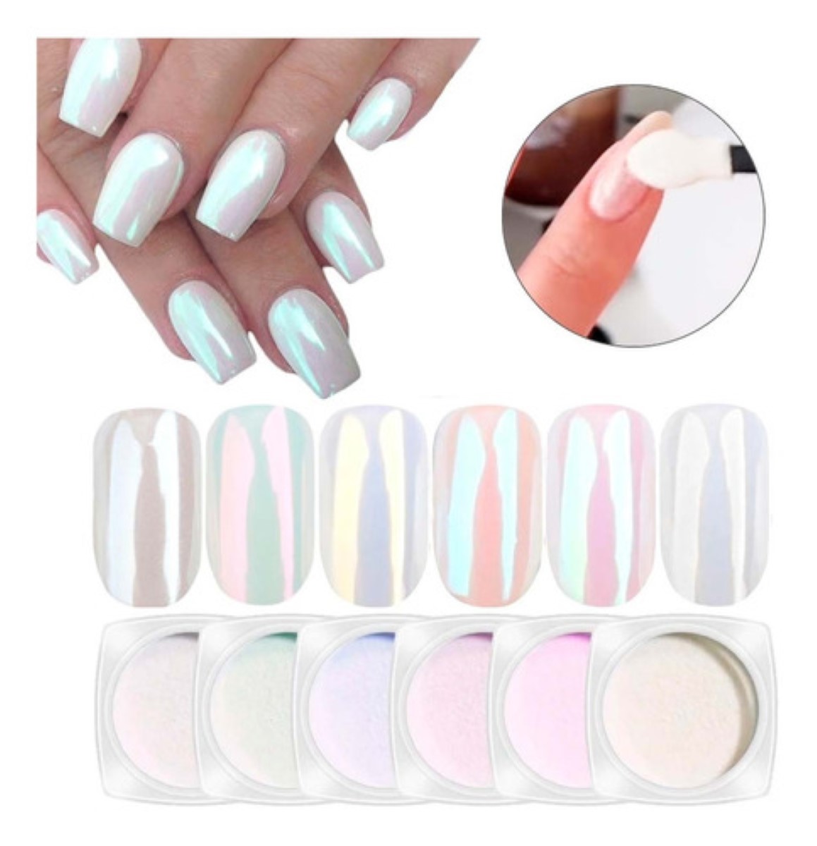 Polvo Para Uñas Efecto Aurora Decoración + Aplicado 6 Piezas