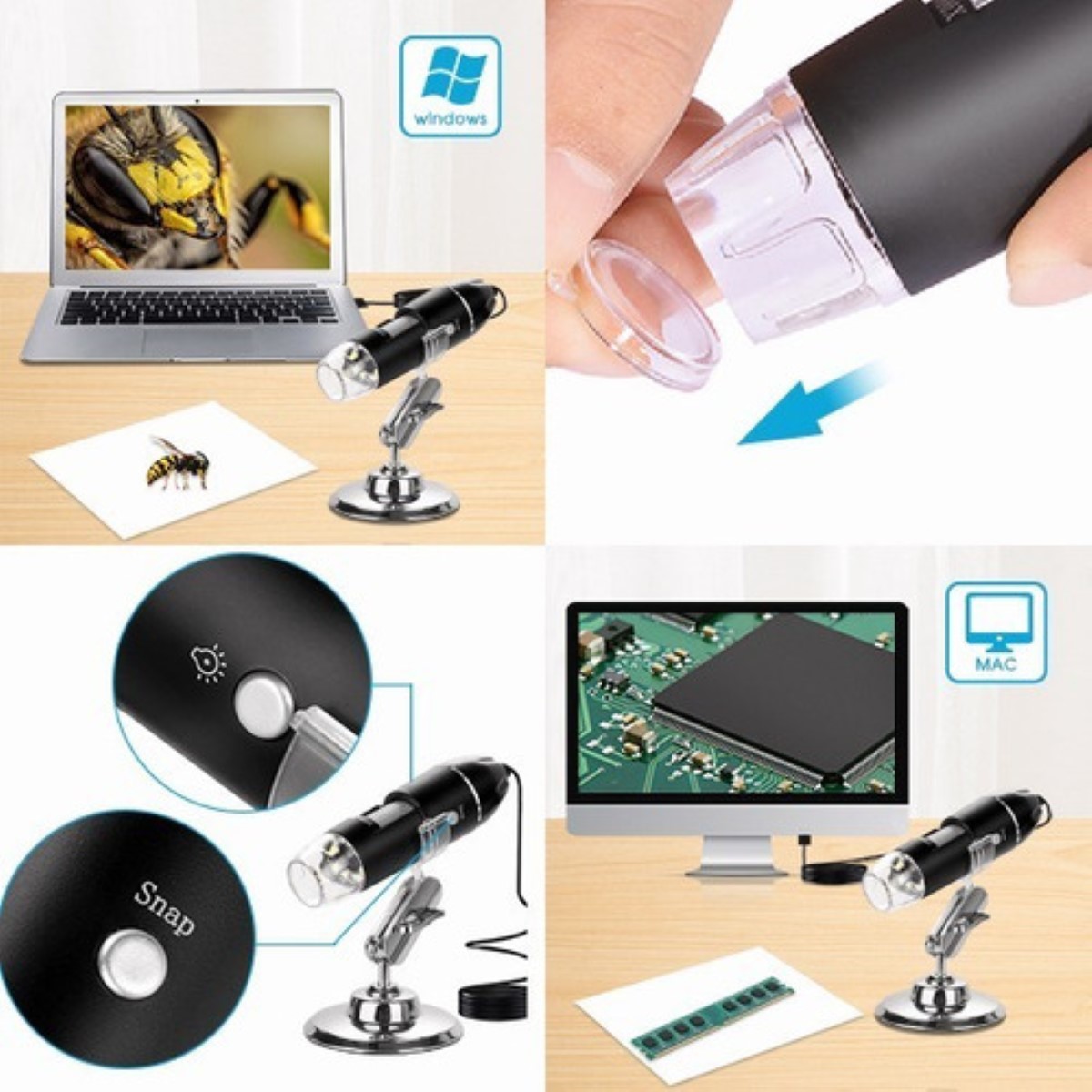 3 En 1 Microscopio Digital Usb 1600x Zoom Optico Hd 8 Leds negro