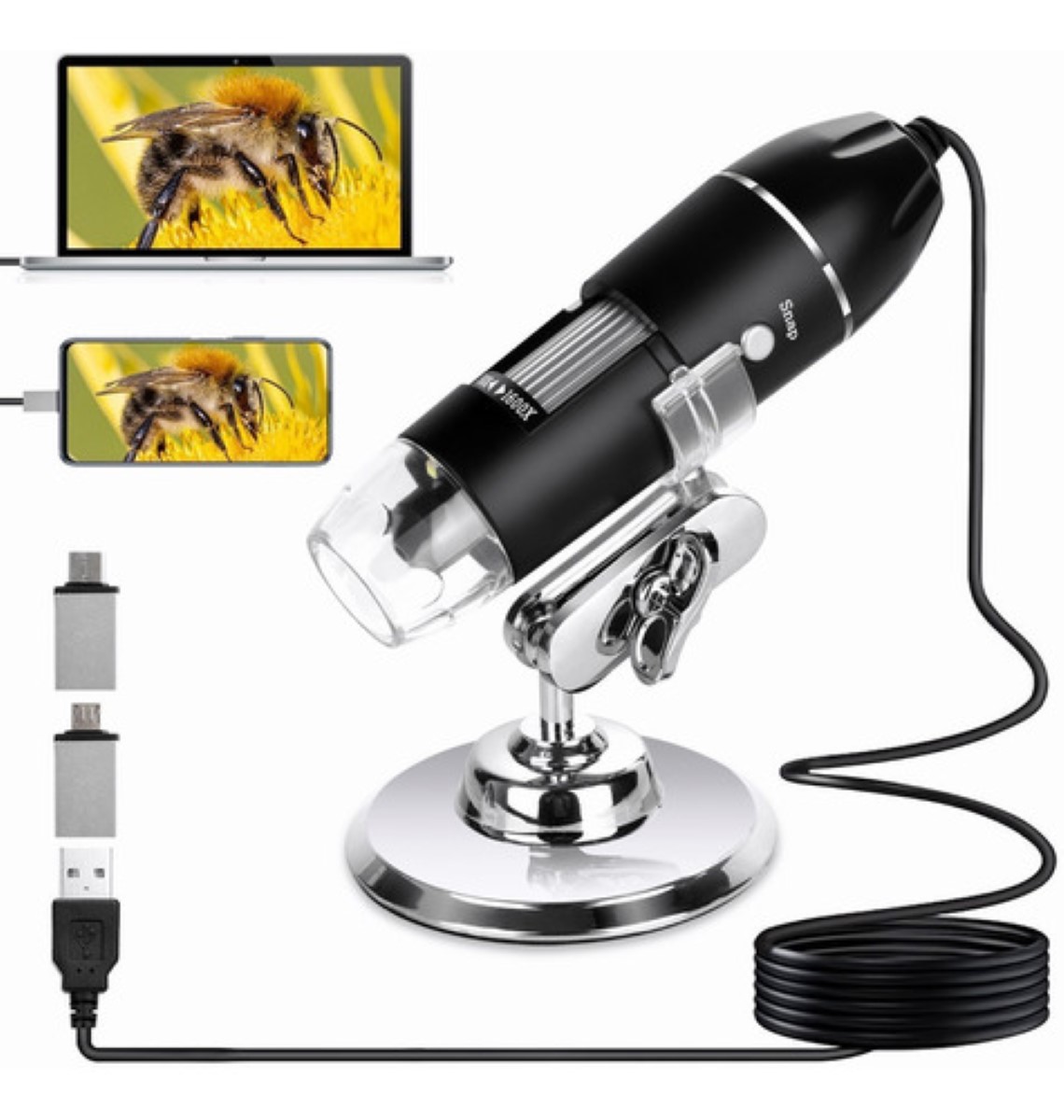 3 En 1 Microscopio Digital Usb 1600x Zoom Optico Hd 8 Leds negro