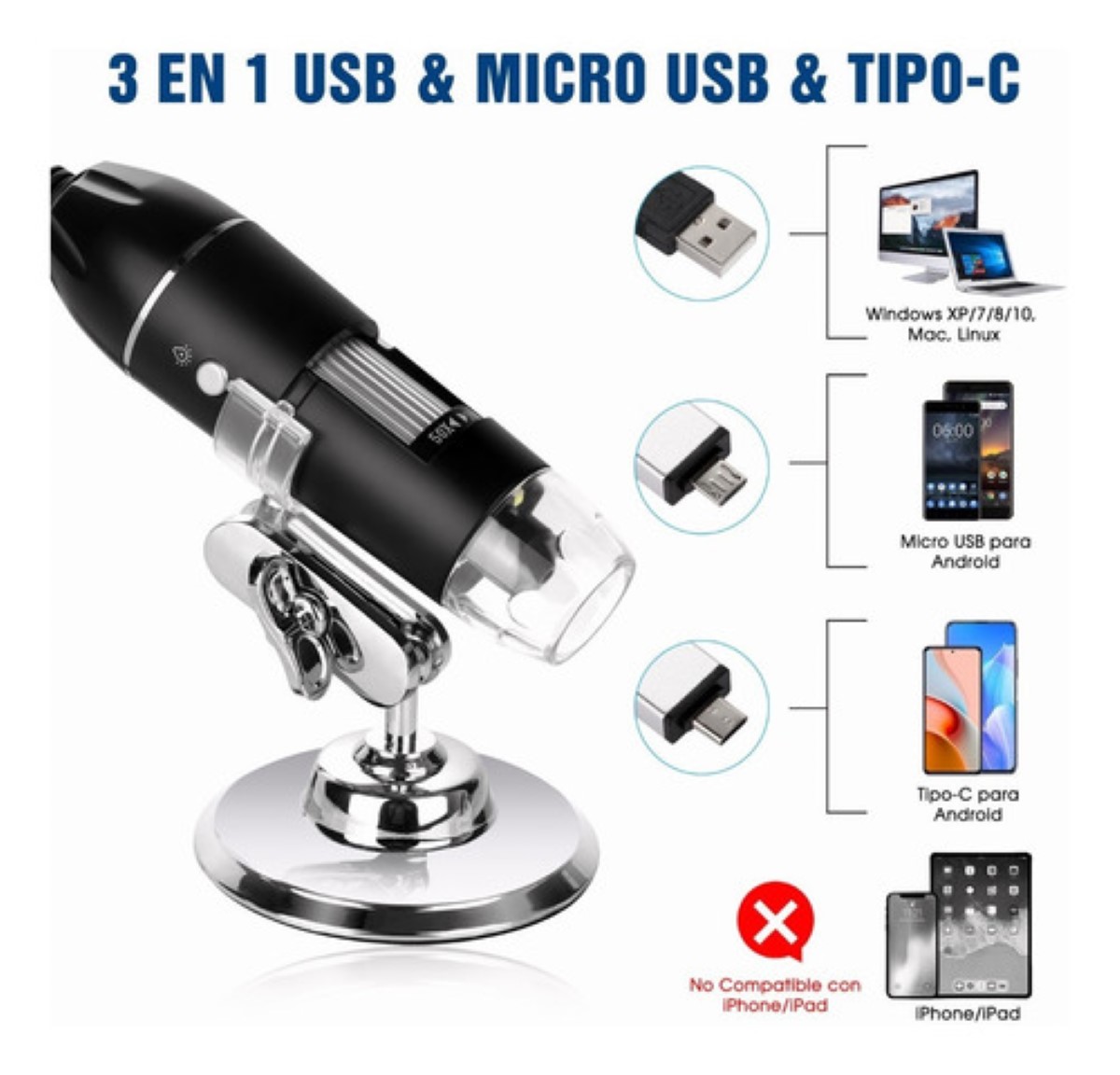 3 En 1 Microscopio Digital Usb 1600x Zoom Optico Hd 8 Leds negro